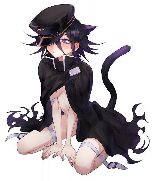 blush cloak danganronpa danganronpa_v3 kneeling kokichi_ouma looking_down male_focus male_only naked new_danganronpa_v3 ouma_kokichi peaked_cap purple_eyes purple_hair smaller_male straight_hair