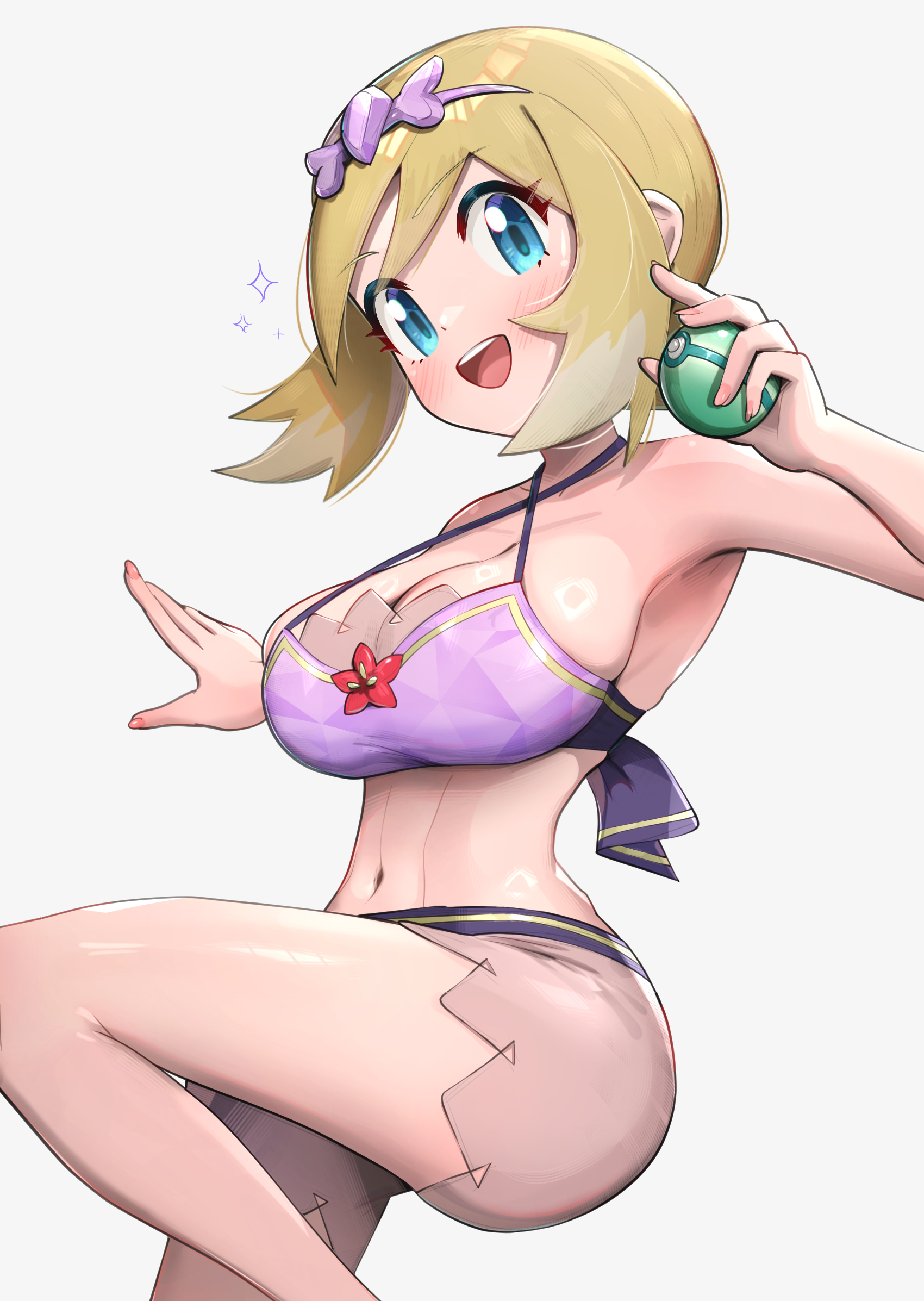 1girls, absurdres, adapted costume, bare shoulders, bikini, blonde hair, blue eyes, blush, breasts, criss-cross straps, female, female only, gonzarez, hair between eyes, headband, highres, holding, irida (anniversary 2025) (pokemon masters), irida (pokemon), large breasts, looking at viewer, midriff, navel, nintendo, open mouth, pokemon, pokemon masters, pokemon masters ex, purple bikini, purple headband, short hair, simple background, smile, solo, swimsuit, teeth, upper teeth only, white background