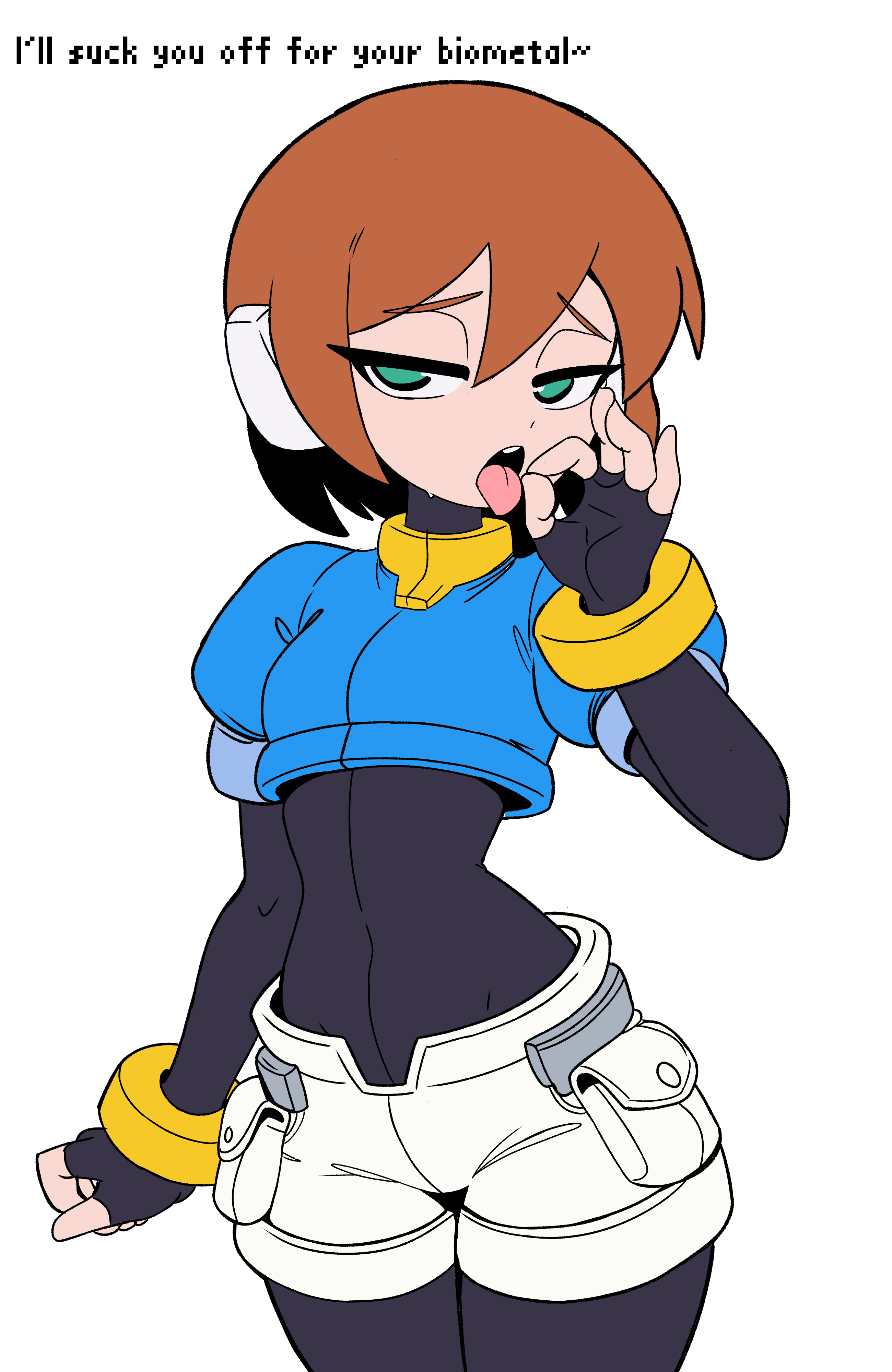 1girls, aile, aile (mega man zx), capcom, english text, fellatio gesture, female, inti creates, looking at viewer, mega man, mega man zx, self upload, solo, tagme, tongue out, unepicroachy, wip