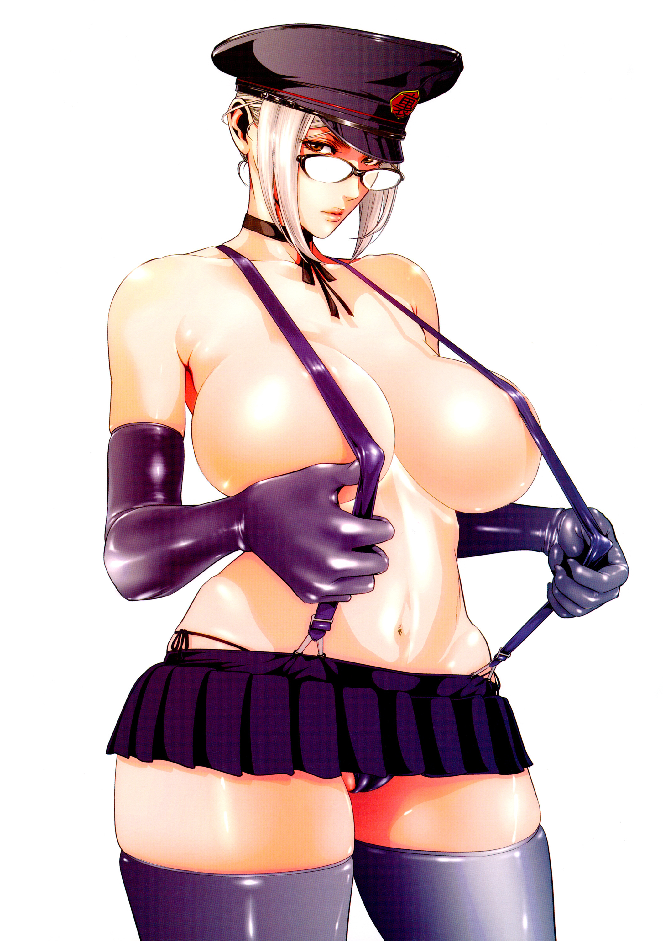 belly button, big breasts, breasts, cameltoe, choker, covered nipples, glasses, huge breasts, large breasts, latex gloves, latex thighhighs, monokini, pale skin, pale-skinned female, police hat, prison school, shiraki meiko, skirt, straps across chest