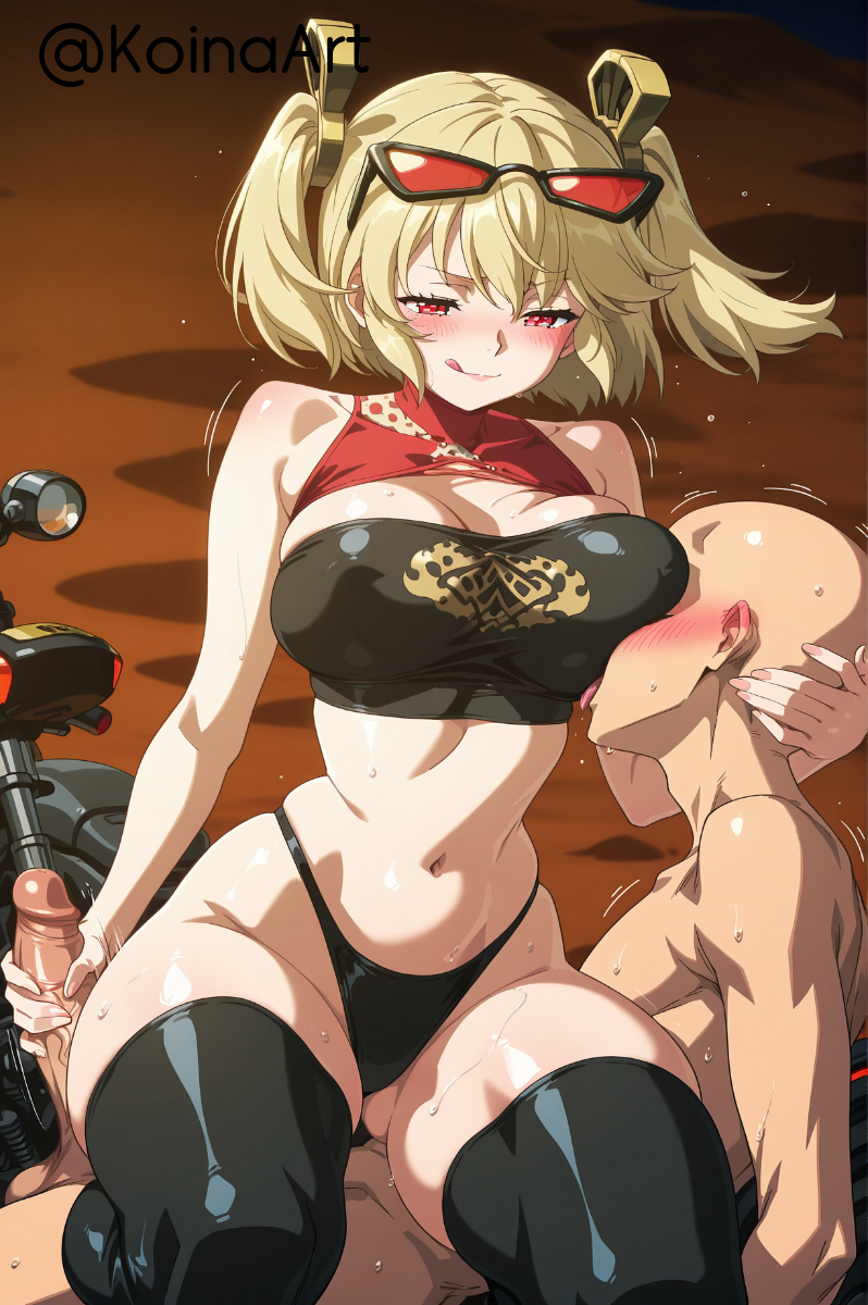 ai generated, breasts, burnice white, crop top, eyewear on head, female, female domination, femdom, handjob, highleg panties, highres, huge breasts, koinaart, licking lips, nursing handjob, on top, patreon, perky breasts, smug, stable diffusion, thick ass, thick thighs, thighhighs, tube top, zenless zone zero