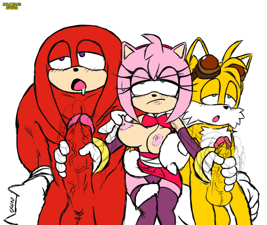 amy_rose anthro ball_size_difference balls big_penis blush bodily_fluids breasts camel_toe canid canine clothing djcvdz_(artist) double_handjob echidna edit erection eulipotyphlan excito exposed_torso female footwear fox frown genitals glans gloves group handjob handwear hedgehog knuckles_the_echidna male mammal masturbation monotreme multiple_boys nipple_fetish nipple_pinch nipple_play nipple_tweak nipples nude penile penis penis_size_difference pinch pink_glans pink_nipples pink_penis purple_eyes red_balls red_penis saliva sex simple_background sonic_(series) sonic_the_hedgehog_(series) tails third-party_edit video_games yellow_balls yellow_penis