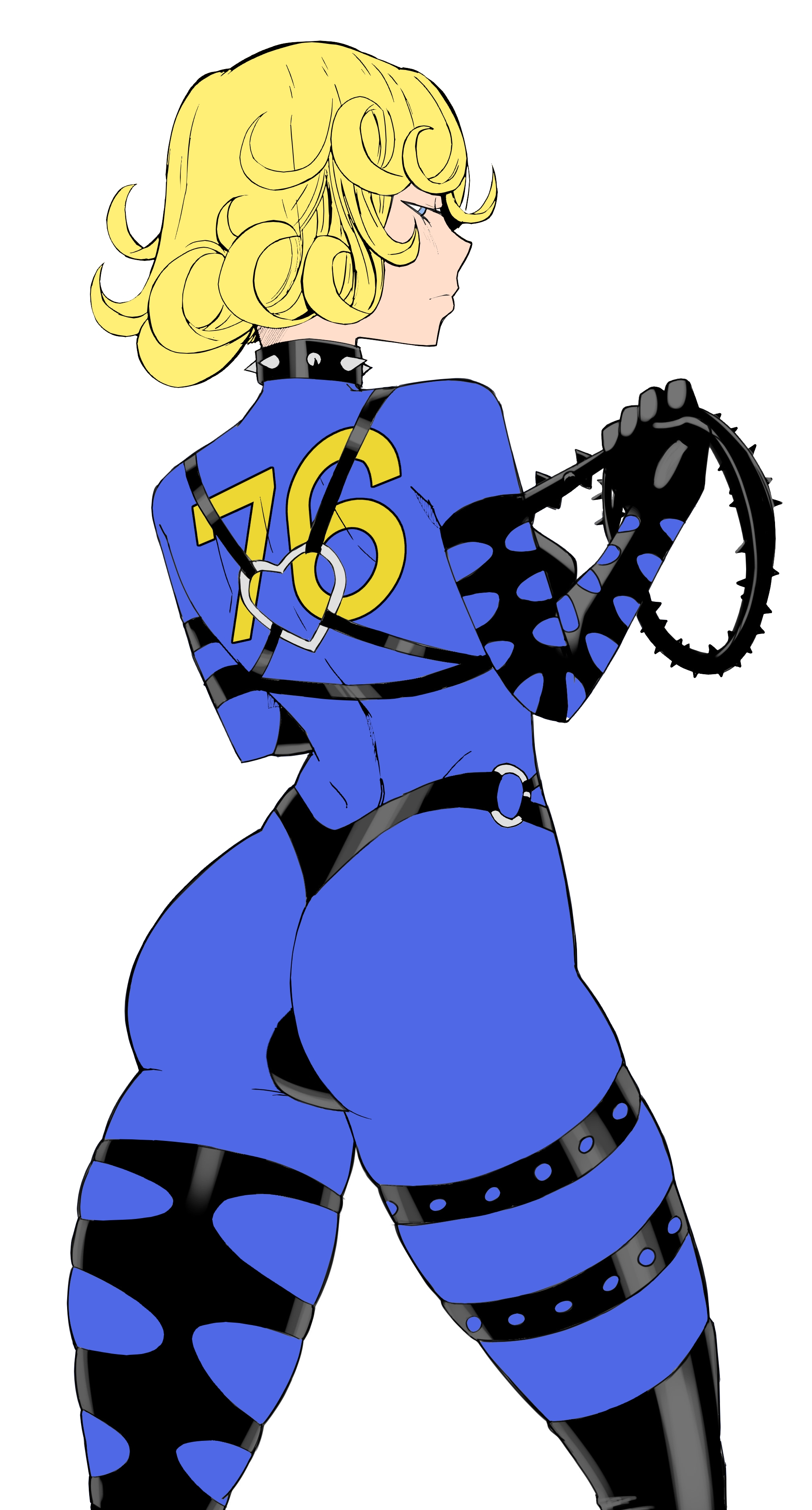 2020, 2d, 2d (artwork), androgynous, artist request, ass, back view, clothed, collar, curly hair, fallout, fallout 76, fully clothed, green eyes, green hair, human, human only, leather straps, no sex, plump ass, short hair, simple background, source request, spiked collar, tagme, vault suit, whip, white background