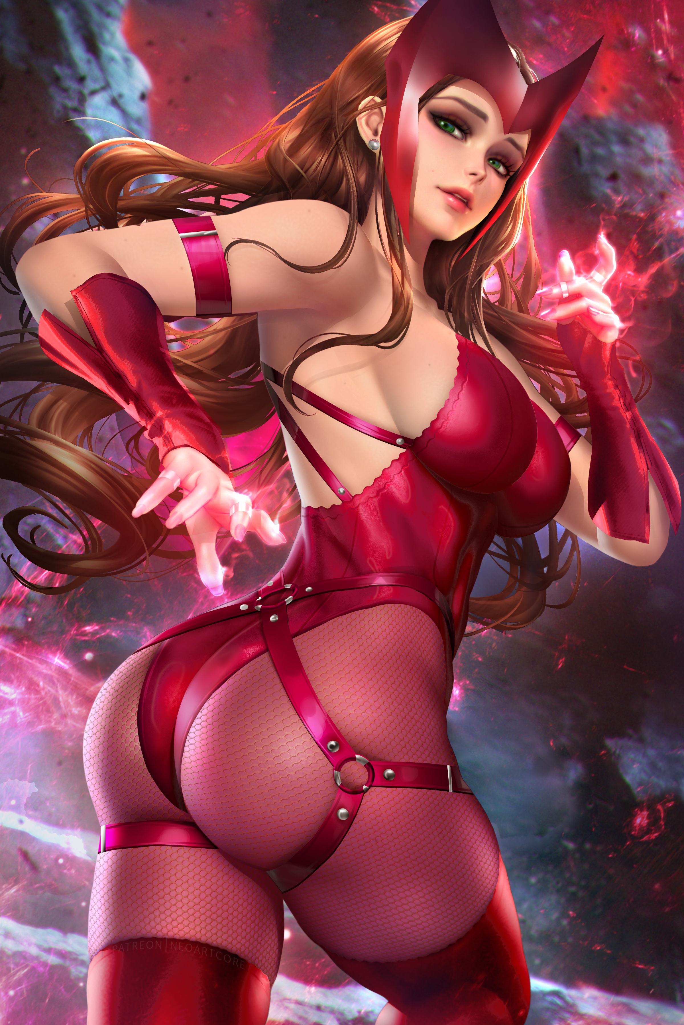 1girls, absurdres, ass, avengers, breasts, brown hair, ear piercing, elizabeth olsen, female, female only, green eyes, headdress, highres, large breasts, lingerie, marvel, marvel cinematic universe, marvel comics, mutant (marvel), neoartcore, paid reward, patreon reward, scarlet witch, sideboob, solo, solo focus, wanda maximoff, wandavision, x-men