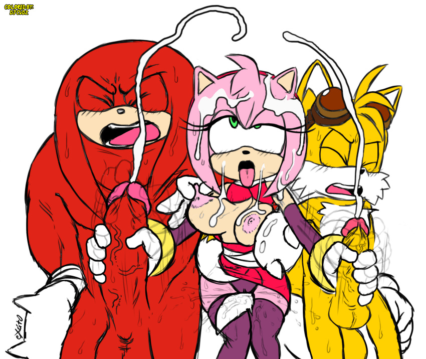 ahe_gao amy_rose anthro ball_size_difference balls big_penis bodily_fluids breasts canid canine cum cum_on_breasts cum_on_face cum_on_head cumshot djcvdz_(artist) double_cumshot double_handjob echidna edit ejaculation erection eulipotyphlan excito exposed_torso female footwear fox genital_fluids genitals glans green_eyes group handjob handwear hedgehog knuckles_the_echidna looking_pleasured male mammal monotreme multiple_boys mutual_orgasm nipple_pinch nipple_play nipple_tweak nipples orgasm orgasm_face penile penis penis_size_difference pink_glans pink_nipples pussy_juice red_balls red_penis sex simple_background sonic_(series) sonic_the_hedgehog_(series) straight tails third-party_edit yellow_balls yellow_penis