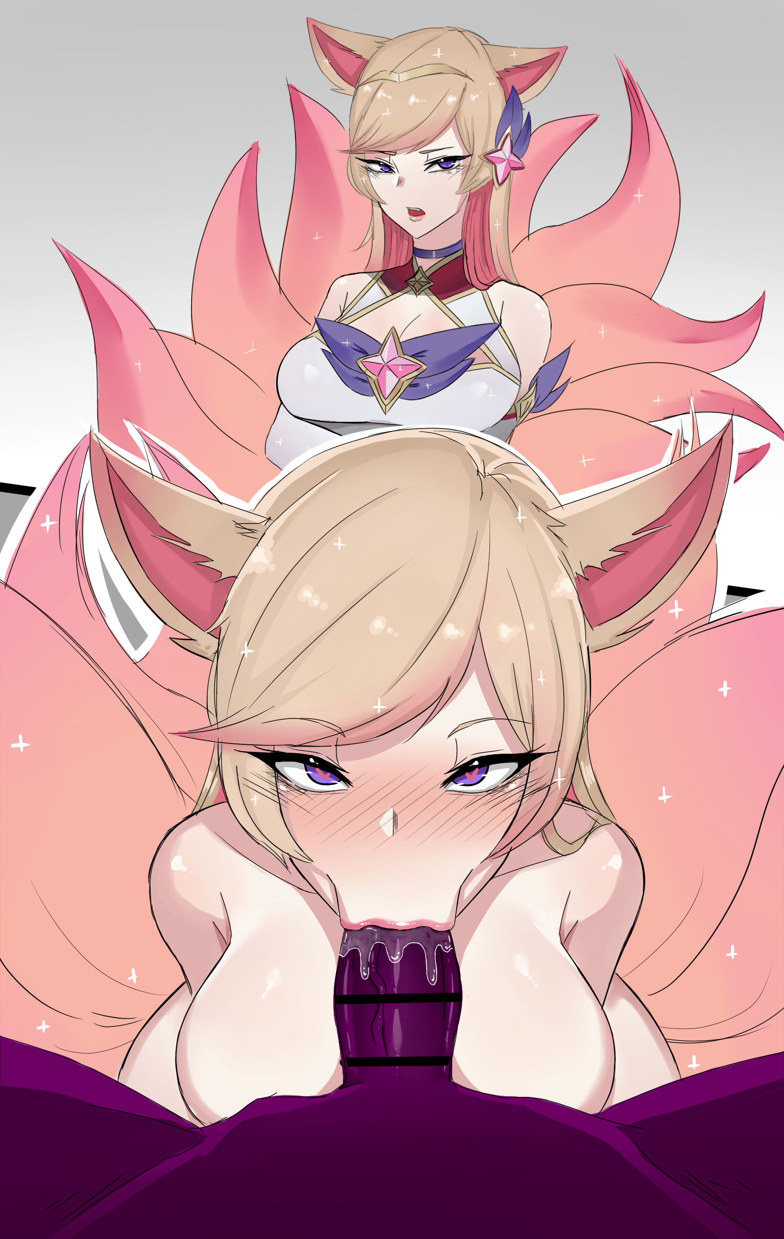 :>=, 1boy, 1girls, ahri, bar censor, big breasts, blue eyes, blush, breasts, censored, chihel, choker, clothed, cock hungry, fellatio, female, fox, fox ears, fox girl, fox tail, heart-shaped pupils, interspecies, league of legends, long hair, looking at viewer, looking pleasured, makeup, male, multi tail, naughty face, nude, nude female, penis, pink fur, pink lipstick, pleasure face, pov, pov eye contact, purple skin, riot games, saliva, star guardian ahri, star guardian series, tail, tails, white skin, yellow hair