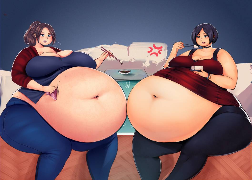 2girls, ada wong, ada wong (adriana), asian, big belly, black hair, breasts, brown hair, claire redfield, female, huge belly, huge breasts, hyper, jaykuma, mutual female weight gain, obese, resident evil, resident evil 2, weight gain