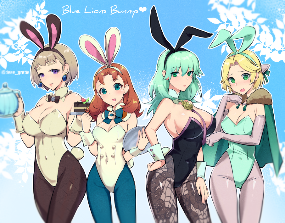 2020 4girls animal_ears annette_fantine_dominic artist_name black_legwear blonde_hair blue_eyes blue_legwear bow bowtie breasts bunny_ears bunny_tail bunnysuit byleth_(fire_emblem) byleth_(fire_emblem)_(female) cake cape cleavage detached_collar earrings elbow_gloves fake_animal_ears fake_tail female female_only fire_emblem fire_emblem:_three_houses food fur_trim gloves green_cape green_eyes green_hair grey_gloves grey_legwear holding holding_tray ingrid_brandl_galatea jewelry large_breasts leotard medium_breasts mercedes_von_martritz multiple_girls nintendo open_mouth orange_hair pantyhose parted_lips plate post-timeskip purple_eyes short_hair sideboob tail teapot tray twitter_username white_gloves wrist_cuffs yomusugara_(uzo-muzo)