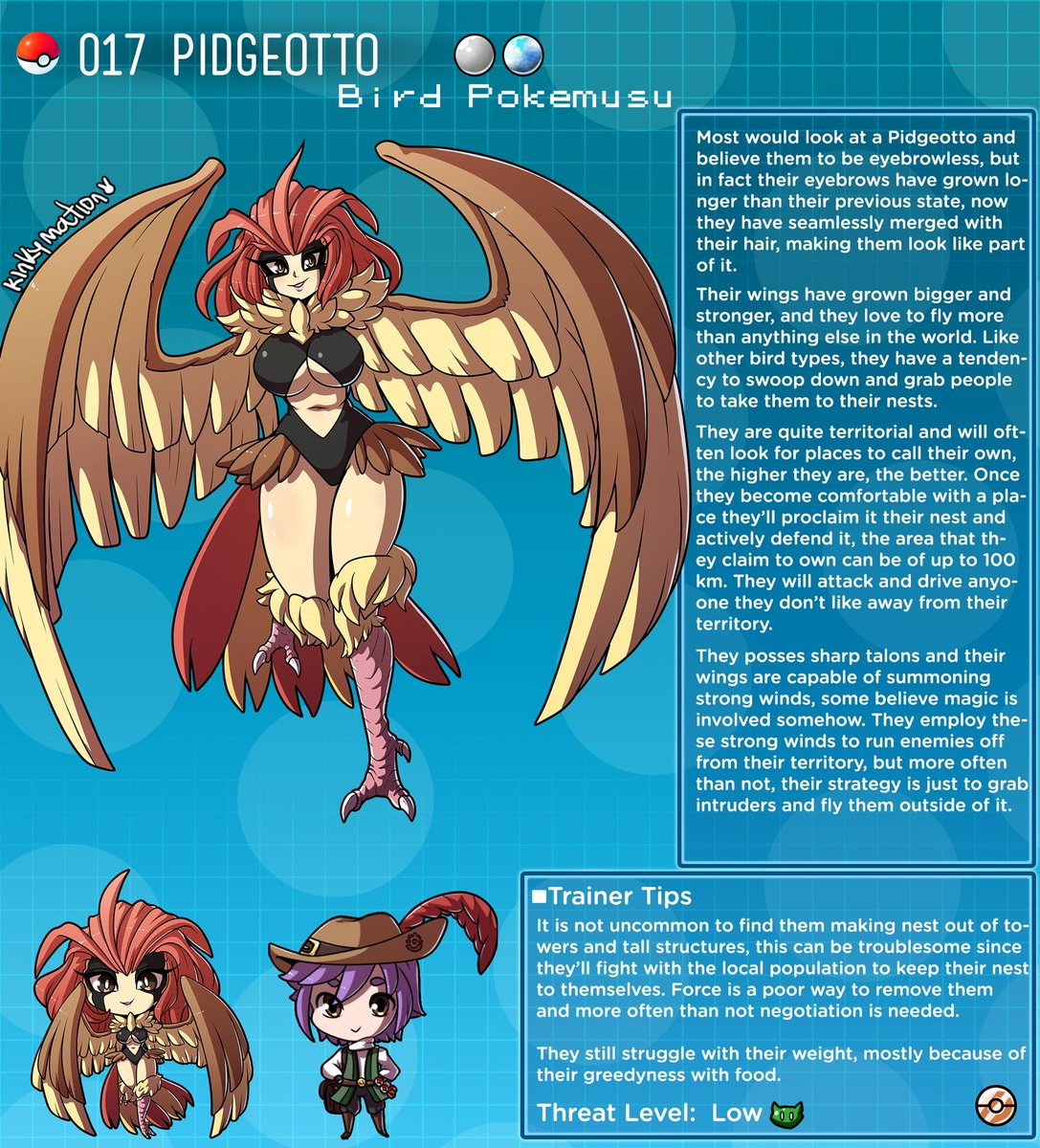 avian_legs avian_wings bird_legs bird_wings cleavage creature_index english_text harpy hi_res kinkymation monster_girl nintendo page_17 personification pidgeotto pokedex pokemon pokemon-girl_encyclopedia pokemon_rgby pokemusu profile text underboob