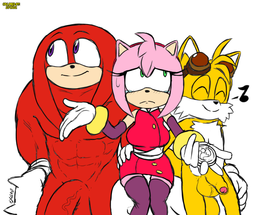 amy_rose amy_rose_(boom) anthro ball_size_difference balls big_penis blush canid canine clothed clothing djcvdz_(artist) echidna edit english_text eulipotyphlan excito exposed_torso female footwear fox genitals glans gloves green_eyes group handwear hedgehog knuckles_the_echidna male mammal manual monotreme multiple_penises musical_note nipples nude partially_retracted_foreskin penis penis_size_difference pink_glans pink_nipples red_balls red_penis shrug simple_background smile sonic_(series) sonic_boom sonic_the_hedgehog_(series) straight tails tears text third-party_edit uncut video_games white_background yellow_balls yellow_penis