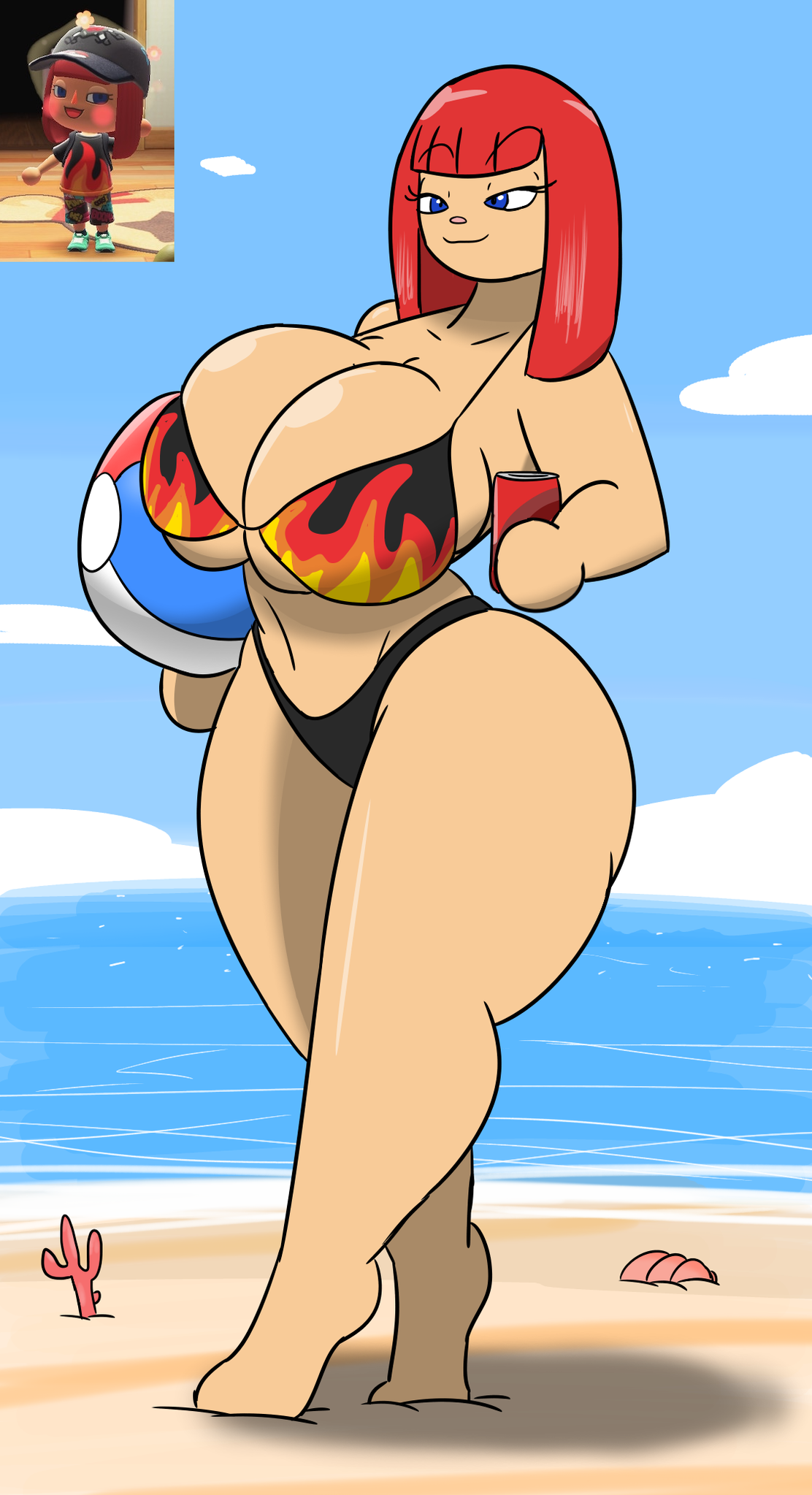 animal crossing, animal crossing girl, beach, beach ball, belly, big breasts, breasts, cleavage, female, huge breasts, igphhangout, nintendo, only player, red hair, seductive, seductive eyes, seductive look, seductive smile, source request, swimsuit, thick thighs, thighs, thin waist, uwu, villager (animal crossing), wide hips, year request