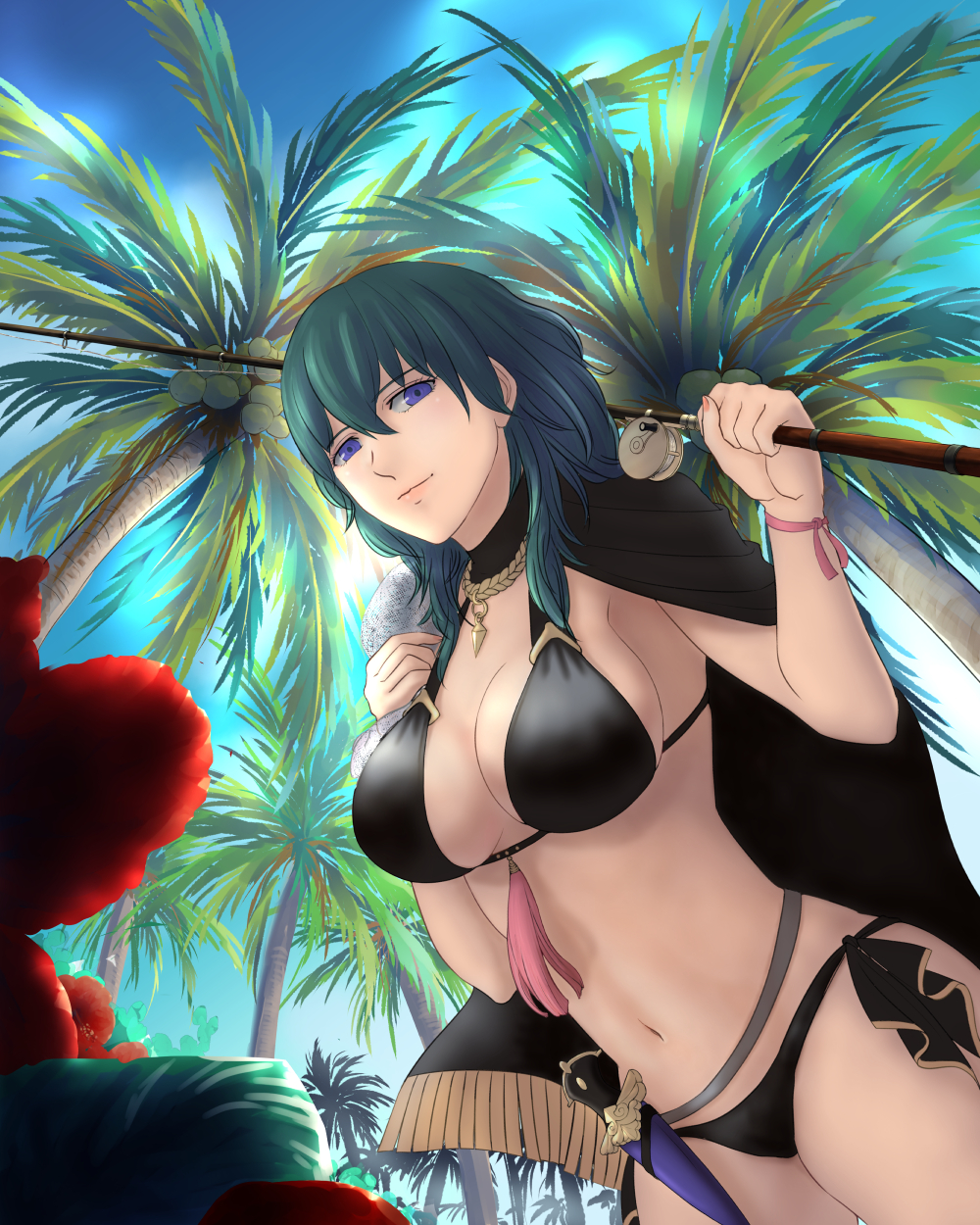 1girls alternate_costume beach big_breasts bikini black_bikini black_swimsuit breasts byleth_(fire_emblem) byleth_(fire_emblem)_(female) byleth_(summer)_(fire_emblem)_(female) cleavage curvy female fire_emblem fire_emblem:_three_houses fire_emblem_heroes from_below knife looking_down monomono navel nintendo smile solo solo_female teal_hair