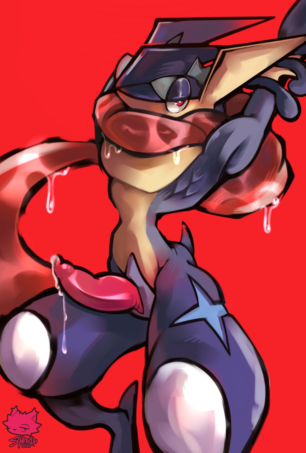 2020 amphibian anthro bodily_fluids darkluxia erection genital_fluids genitals greninja hi_res long_tongue looking_at_viewer male male_only nintendo penis pokémon_(species) pokemon pokemon_(species) precum red_background red_eyes saliva signature simple_background solo tongue video_games