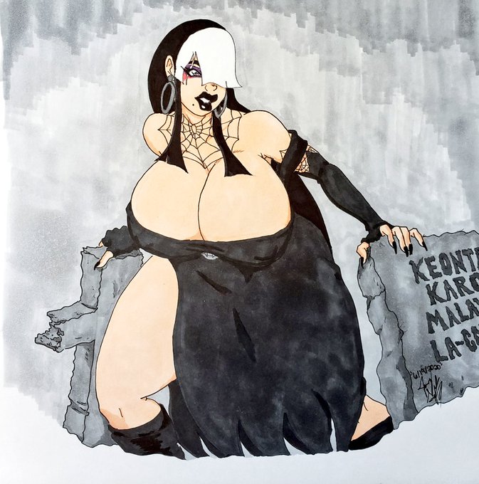 1girls 2020 bangs beastking1981 big_breasts black_gloves black_hair black_lipstick bodysuit cleavage covered_eyes dark_makeup exposed_breasts fingerless_gloves goth gothmom hair_over_eyes huge_breasts milf one_eye_covered pale_skin source_request text thick_thighs white_hair wide_hips