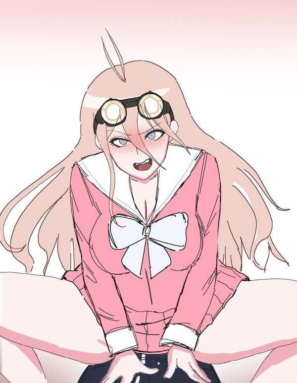 ahoge big_breasts blue_eyes blush blushing bow clothed cowgirl_position danganronpa danganronpa_v3 female female_on_top goggles goggles_on_head iruma_miu light_pink_hair long_hair looking_at_viewer male partially_clothed riding saihara_shuuichi seongkun sex straight_hair unseen_male_face