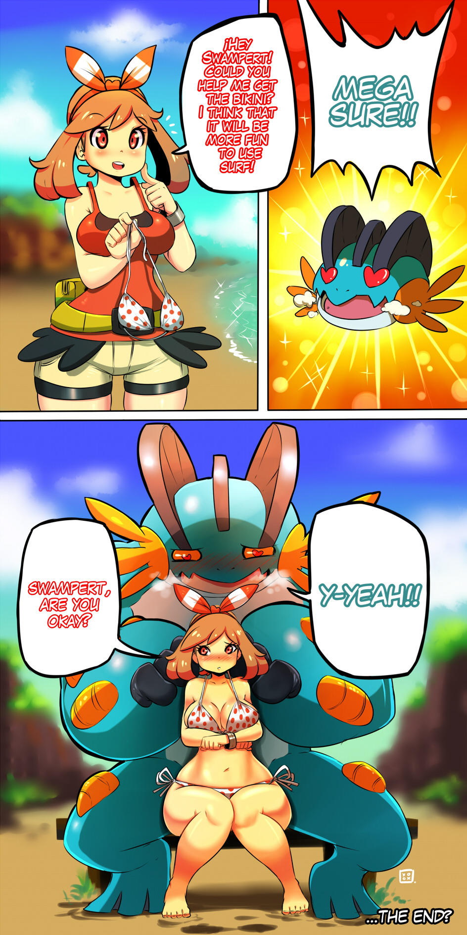 bathing suit, bikini, blush, breasts, buff, female, flustered, human, kenron toqueen, large breasts, larger male, male, may (pokemon oras), may (pokemon), mega swampert, nintendo, pokémon (species), pokemon, pokemon (species), pokemon oras, pokemon rse, smaller female, swampert, tagme
