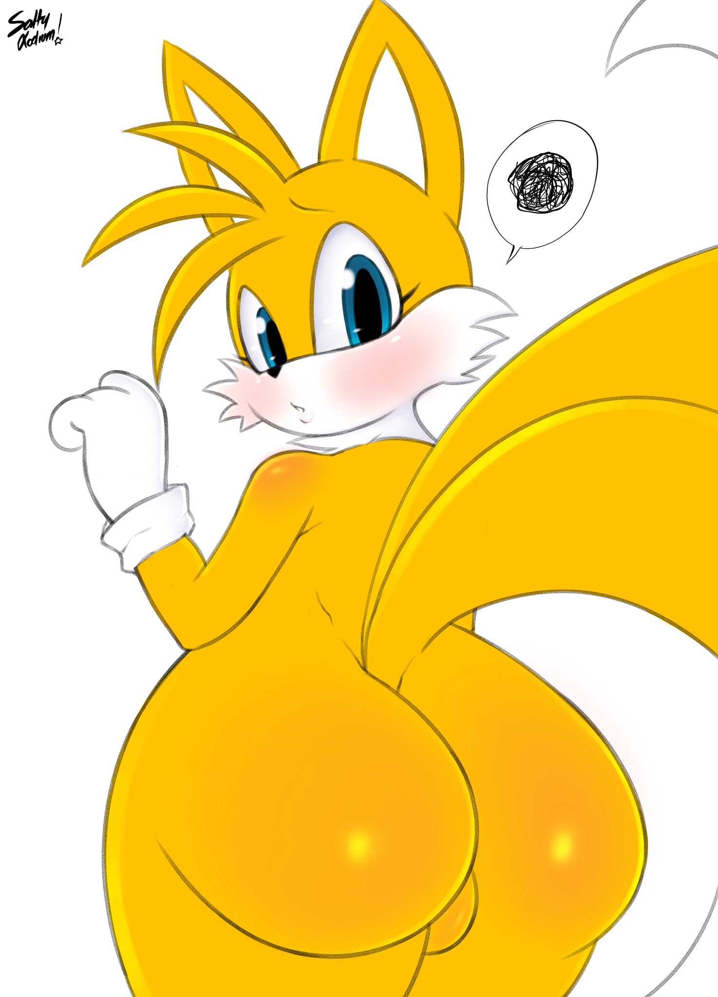 1boy, anthro, ass, balls, big ass, blue eyes, blush, canid, canine, eye contact, femboy, feminine tails, fox, fur, furry, huge ass, looking at viewer, looking back, male, male only, saltyxodium, sonic (series), tail, tails, tails the fox, thick ass, thick thighs, thighs, voluptuous, white background, wide hips, yellow fur