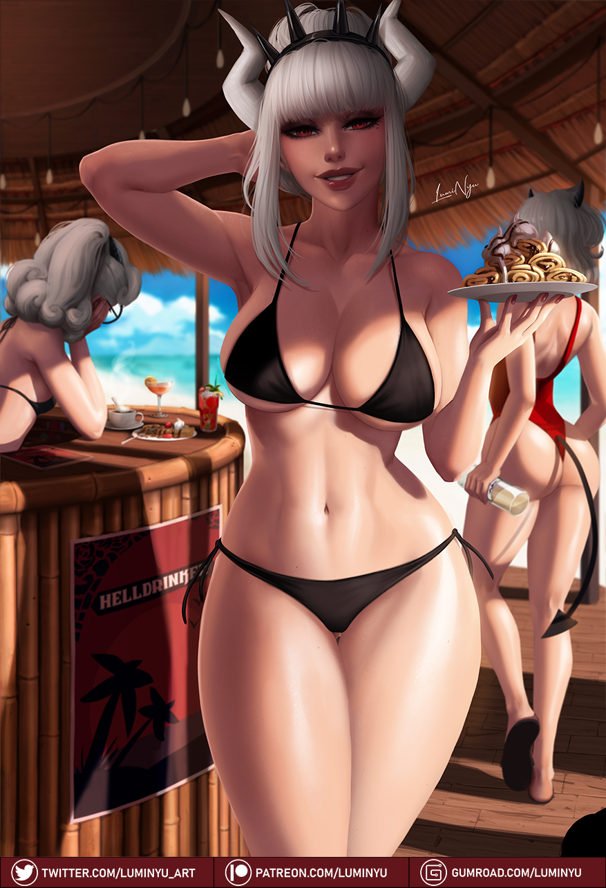 3girls, abs, ass, beach, big ass, big breasts, big butt, bikini, breasts, curvaceous, curvy, curvy figure, female, female only, food, hair ornament, helltaker, horn, horns, large breasts, legs, long hair, looking at viewer, lucifer (helltaker), luminyu, malina (helltaker), multiple females, multiple girls, navel, pancake, pandemonica (helltaker), pinup, red eyes, smile, smiling, summer, thick thighs, thighs, white hair, white skin