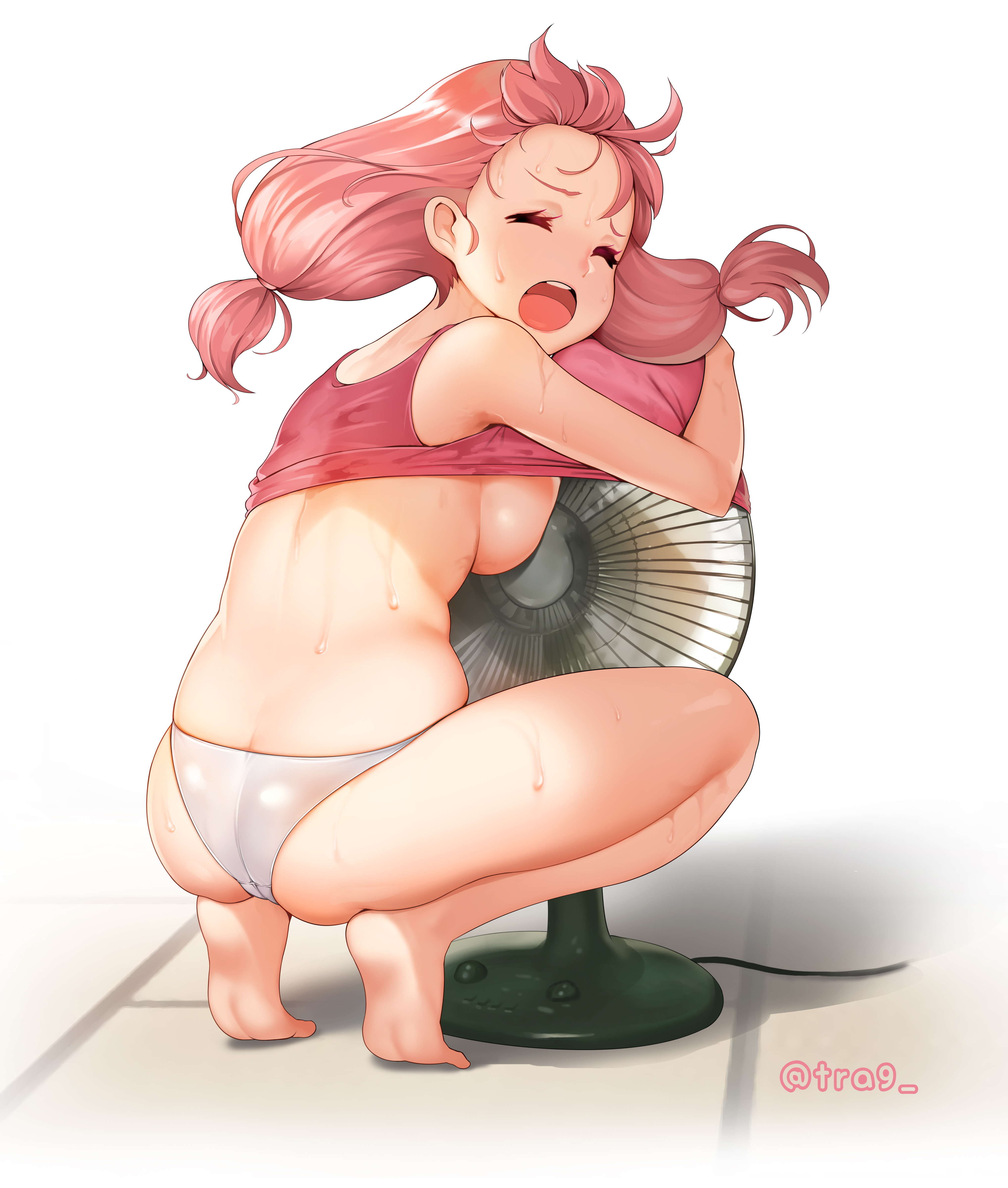 1girls, absurd res, ass, back, bang dream!, big breasts, breast press, breasts, closed eyes, cooling off, electric fan, exposed breasts, fan, feet, female, highres, hug, no bra, open mouth, panties, pink hair, shirt over fan, sideboob, squatting, summer, sweat, tank top, tank top lift, twintails, uehara himari, white panties, wholesome