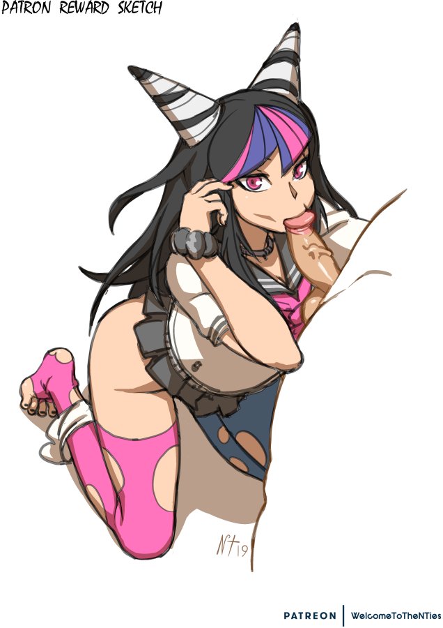 1boy, 1girls, ass, clothed female nude male, danganronpa, danganronpa 2: goodbye despair, fellatio, female, kneeling, male, mioda ibuki, multicolored hair, noisetanker, oral, panties around leg, pink eyes, ripped clothing, smooth skin, thighhighs, toeless legwear