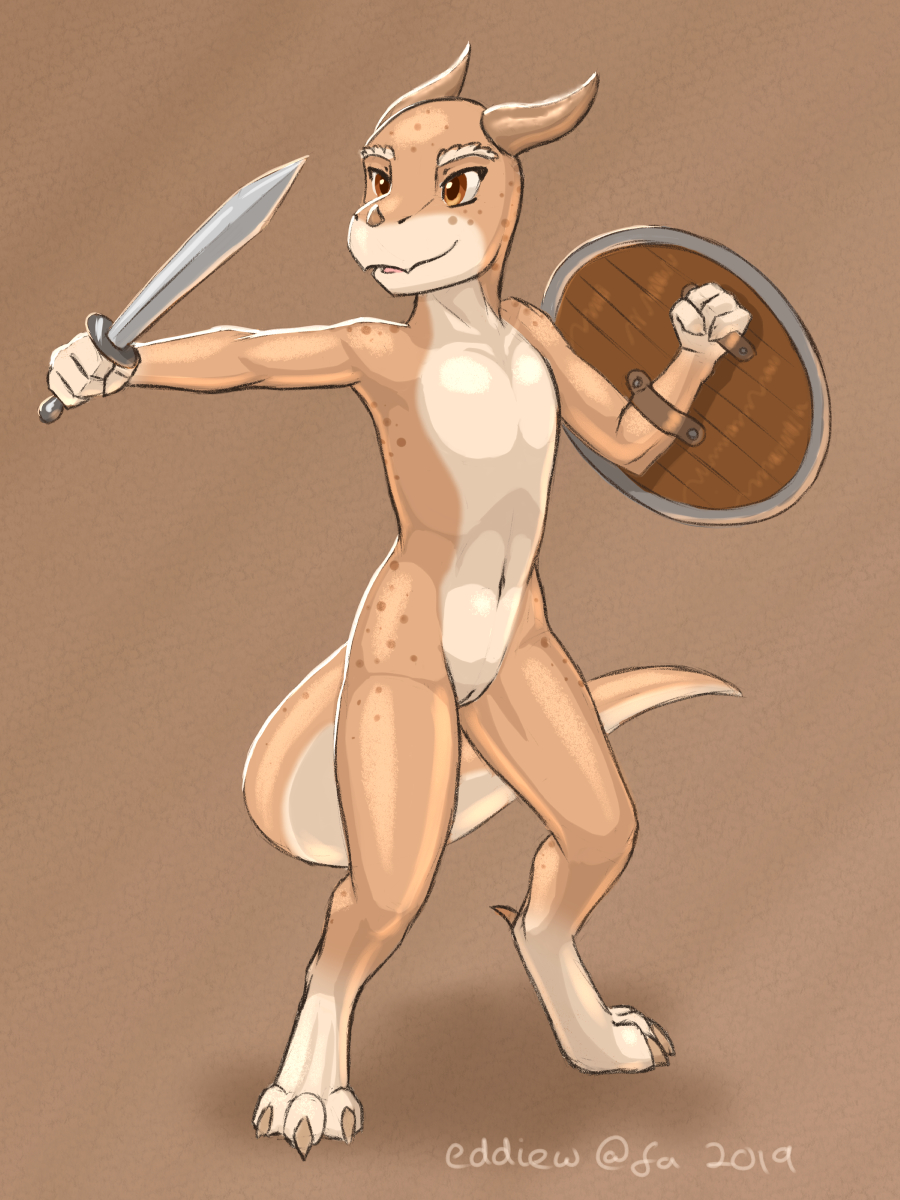 2019 3:4 3_toes 4_fingers anthro brown_eyes claws eddiew featureless_chest female fighting_pose fingers flat_chested genitals hi_res holding_object holding_shield holding_sword holding_weapon horn kobold melee_weapon multicolored_body navel nude pose pussy scalie shield simple_background solo spots standing sword toe_claws toes two_tone_body weapon