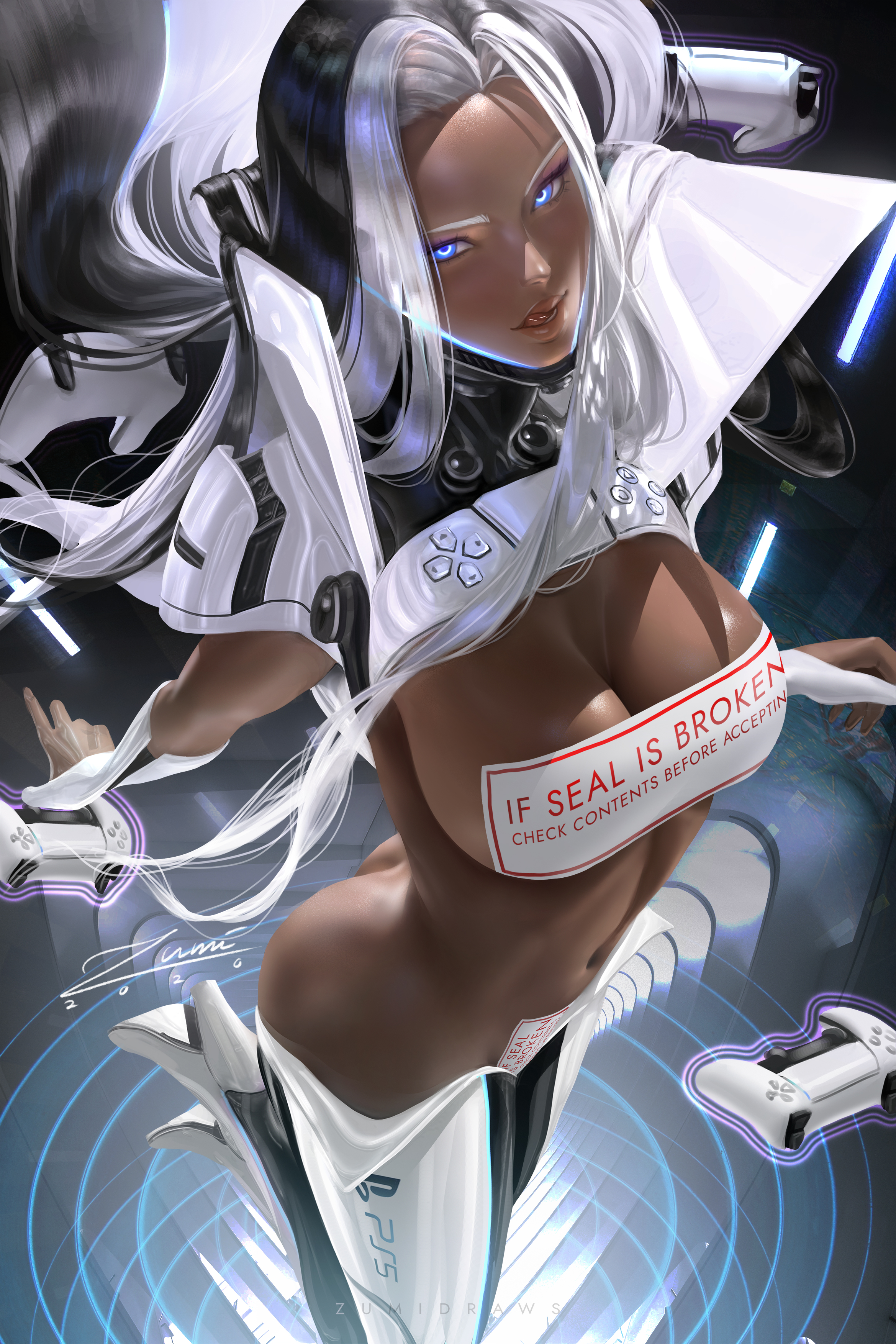 1girls, absurdres, areolae, big breasts, breasts, console-tan, dark skin, dark-skinned female, female, female only, highres, large breasts, licking lips, looking at viewer, playstation, playstation 5, ps5-tan, sealed, solo, zumi