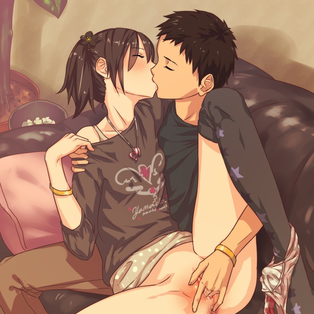 1boy, 1girls, bottomless, brown hair, cute, female, fingering, hetero, kissing, male, necklace, panties around ankle, shirt, short hair, sitting on person, straight, teenager, wholesome, wristband, yamada (gotyui)