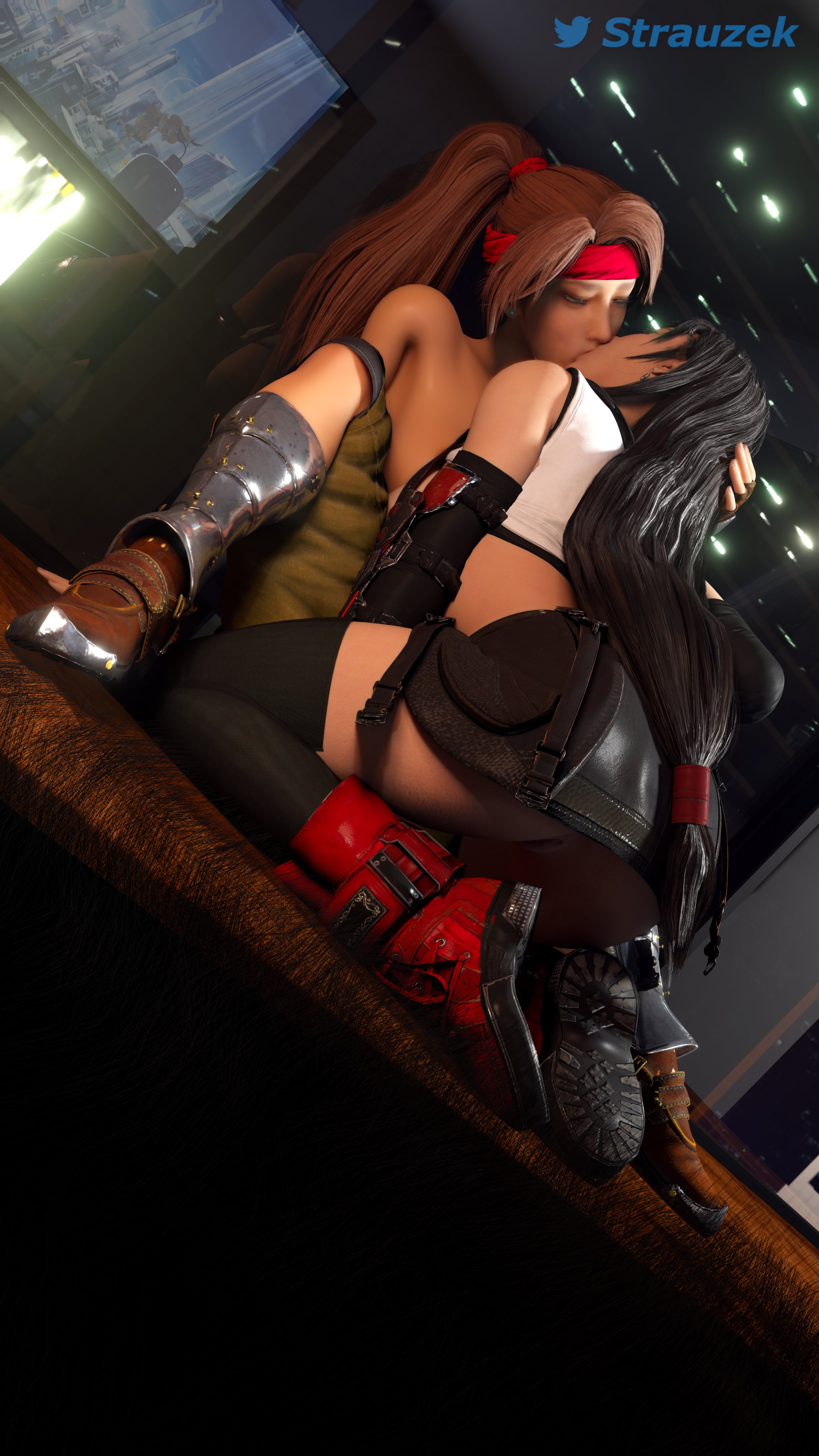 2girls, 3d, areolae, athletic, athletic female, bare midriff, big breasts, black hair, boots, breasts, brown hair, busty, closed eyes, female, female focus, female only, final fantasy, final fantasy vii, final fantasy vii remake, french kiss, french kissing, hourglass figure, jessie rasberry, kissing, kneeling, long hair, medium breasts, nipples, ponytail, sitting, skirt, strauzek, tied hair, tifa lockhart, wide hips, yuri