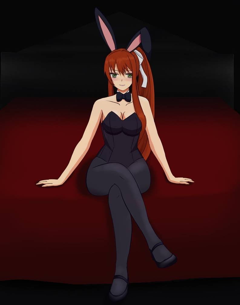 1girls, bed, brown hair, bunny ears, bunnysuit, cleavage, crossed legs, doki doki literature club, female, green eyes, latex, looking at viewer, monika (doki doki literature club), pantyhose, shiny clothes, sitting, sitting on bed, solo female, thick thighs, thighs, tight clothing