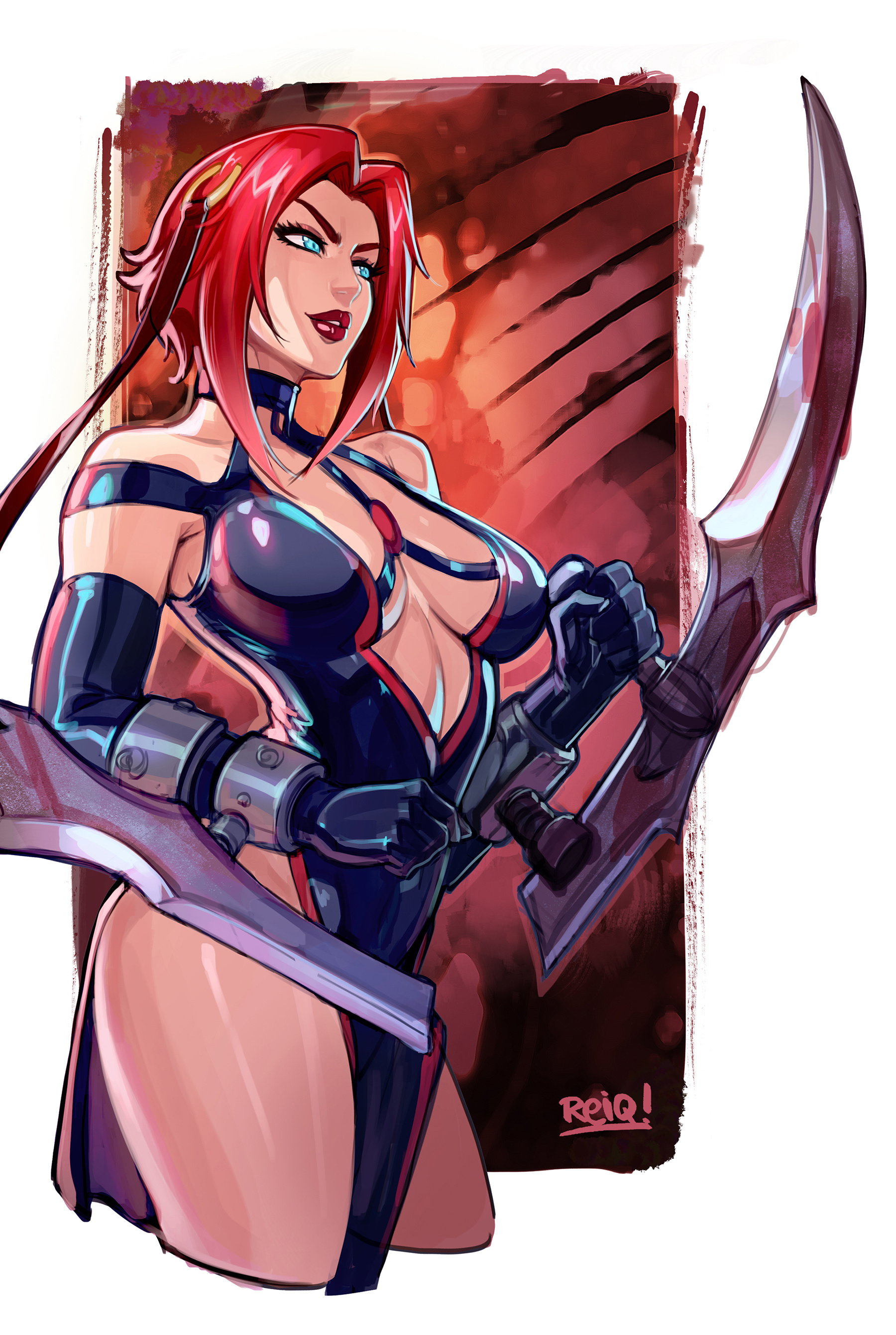 1girls, bloodrayne, blue eyes, breasts, dhampir, dress, female, female only, fully clothed, lips, long hair, rayne, red hair, reiq, solo, vampire, weapon