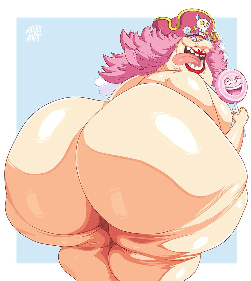 1girls adultart_(artist) bbw bent_over bicorn_hat butt butt_crack charlotte_linlin female female_only gilf granny lipstick lollipop obese older_female one_piece panties pink_hair pirate_hat