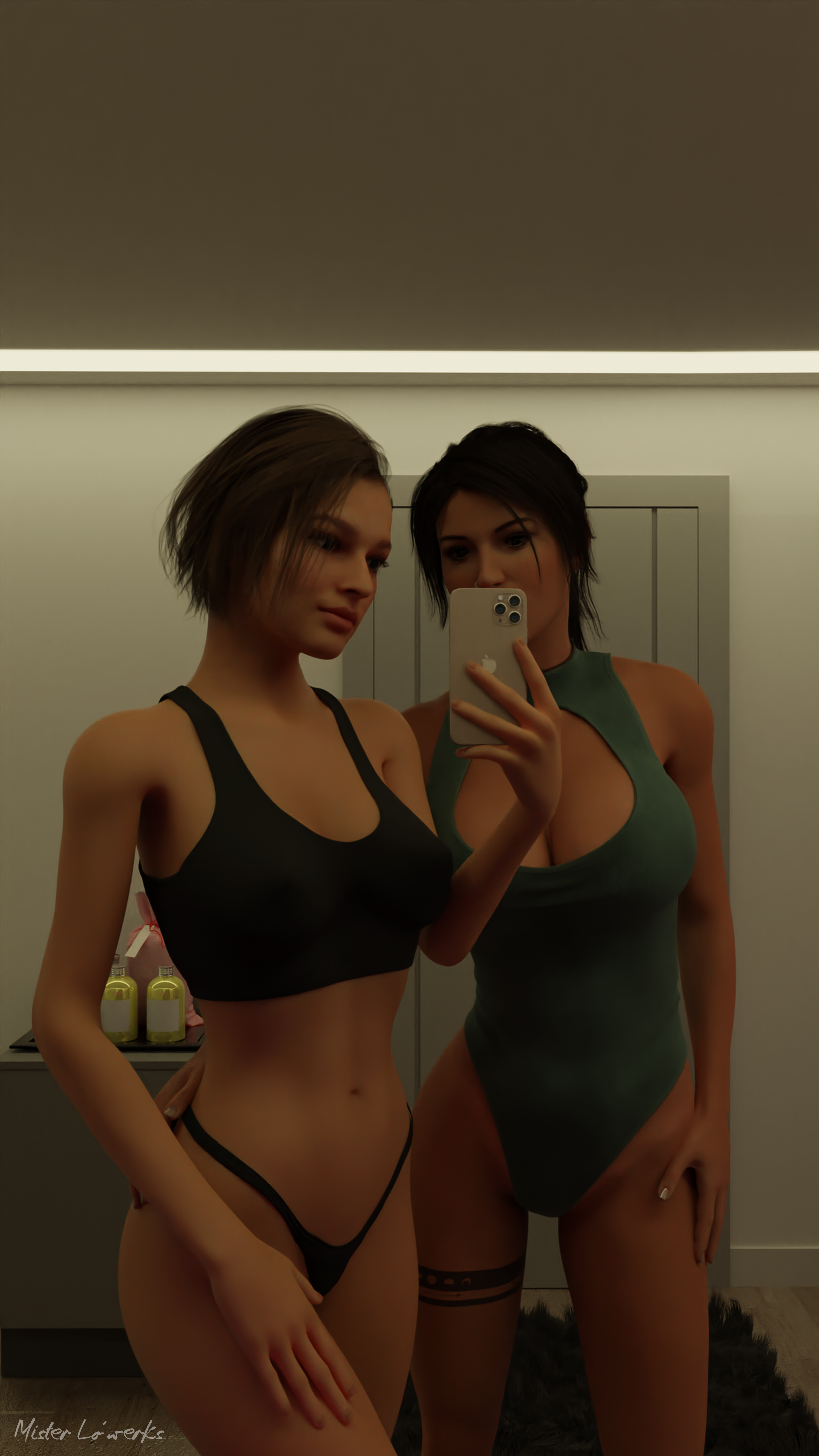 2girls, 3d, artist name, big breasts, black thong, black topwear, black underwear, blender, breasts, brown hair, busty, capcom, cellphone, cellphone camera, cleavage, cleavage cutout, clothing, crop top, crossover, curvy, erect nipples, erect nipples under clothes, eyelashes, female, female only, fully clothed, green leotard, highres, holding cellphone, holding phone, huge breasts, indoors, iphone, jill valentine, jill valentine (sasha zotova), lara croft, lara croft (survivor), large breasts, leotard, lips, misterlowerks, nails, nipples, nose piercing, panties, phone, piercing, ponytail, resident evil, resident evil 3, resident evil 3 remake, selfie, sexually suggestive, short hair, standing, taking picture, thick thighs, thong, tomb raider, tomb raider (survivor), underwear, voluptuous, wide hips, yuri