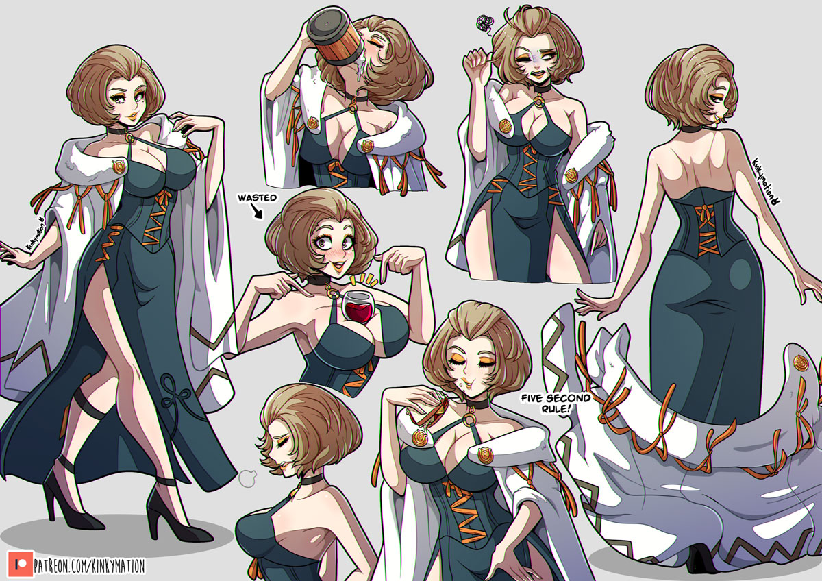 1girls, armpits, back, bare back, bare legs, bare shoulders, between breasts, big breasts, breasts, brown eyes, brown hair, cleavage, dialogue, drinking, drunk, eating, english text, eyeshadow, female, fire emblem, fire emblem: three houses, food, high heels, kinkymation, large breasts, manuela casagranda, nintendo, solo, teasing, text, undressing, wine, wine glass