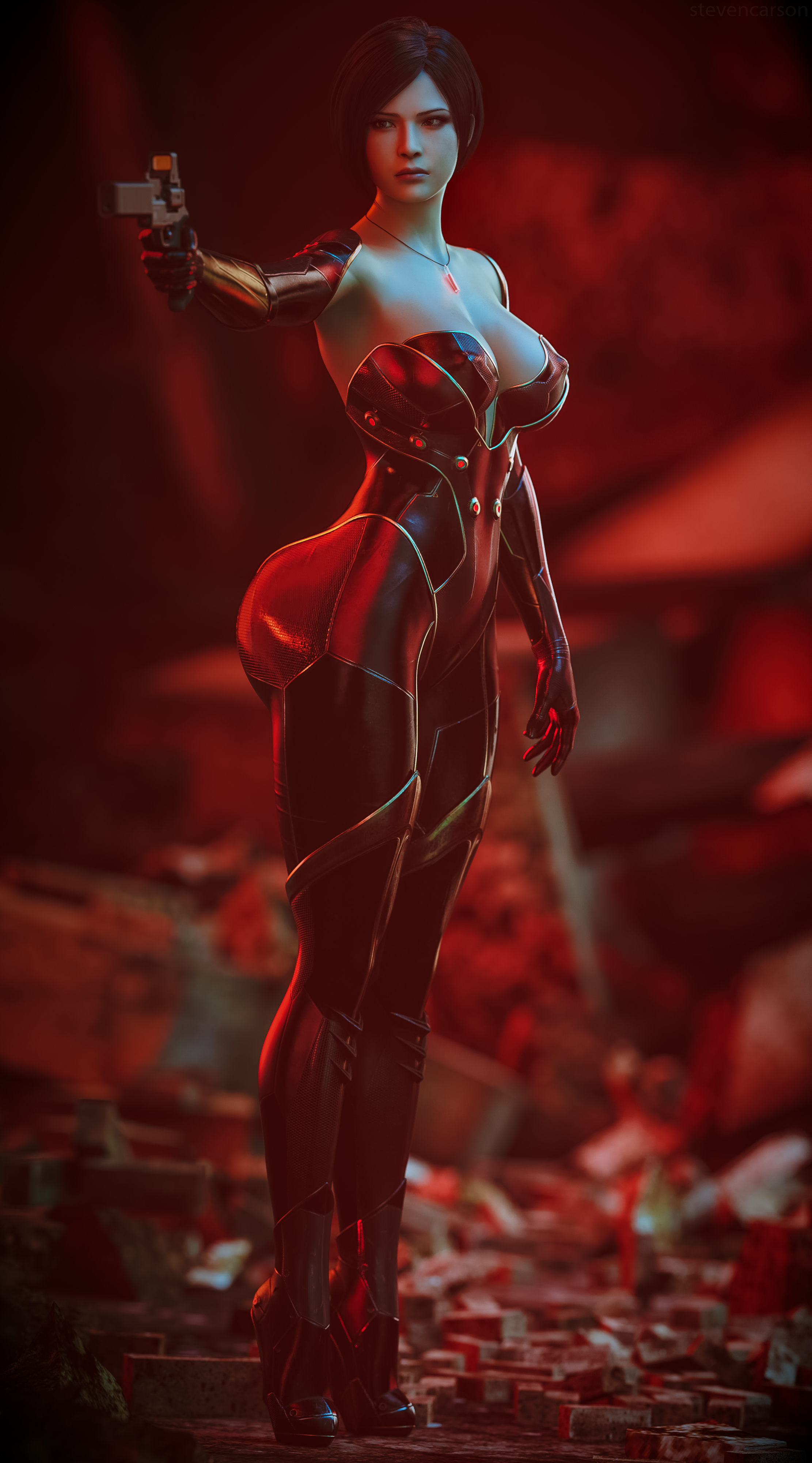 1girls, 3d, absurd res, ada wong, ada wong (adriana), asian female, breasts, capcom, clothed, clothed female, clothes, clothing, female, female only, firearm, full body, fully clothed, gun, handgun, highres, holding object, human, large breasts, pale skin, resident evil, resident evil 2, resident evil 2 remake, revolver, solo, solo female, standing, stevencarson, weapon