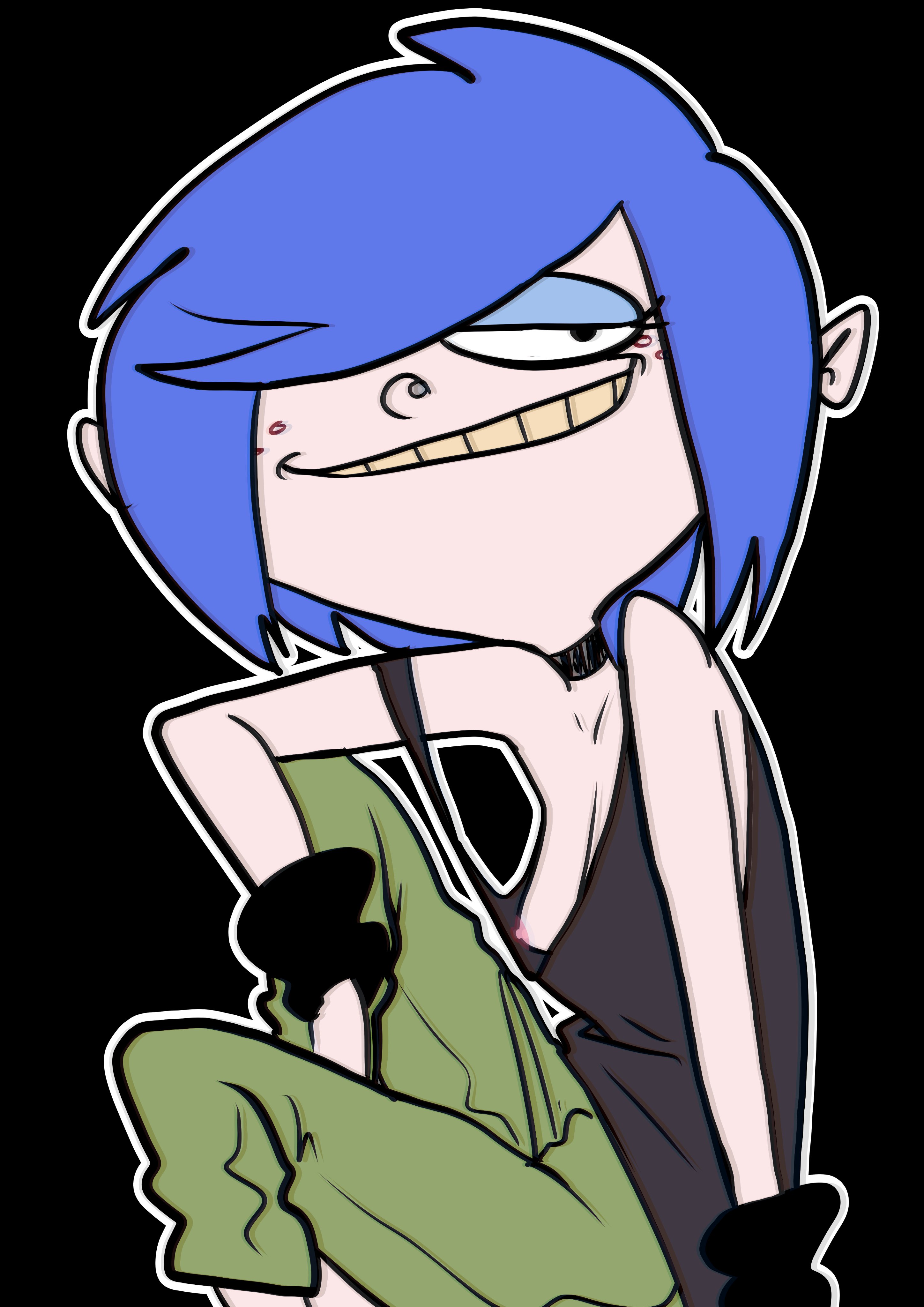 1girls, areolae, arms behind head, black background, black choker, black tank top, blue hair, braless, breast slip, breasts, cartoon network, choker, drpizzaboi1, ed edd n eddy, exposed breasts, eyelashes, eyeshadow, female, female focus, female only, freckles, green pants, hair over one eye, kanker sisters, light skin, light-skinned female, looking at viewer, loose clothes, marie kanker, nipple slip, nipples, no bra, pale skin, pale-skinned female, pants, short hair, simple background, small breasts, smile, solo, solo female, solo focus, sweatband, tank top, wristband, yellow teeth