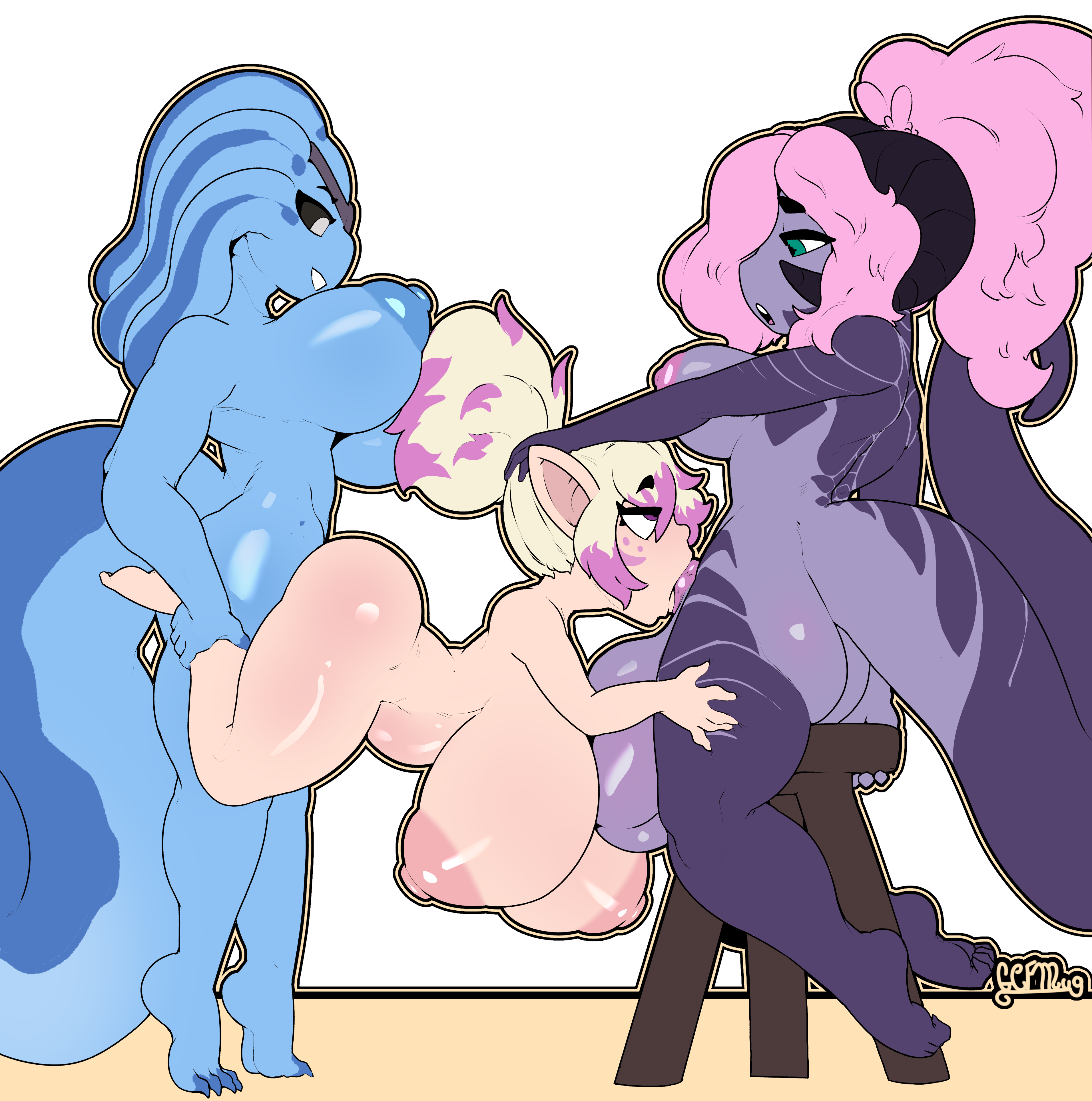 1girls, 2futas, absurdres, areolae, ass, balls, big ass, big breasts, big dom small sub, breasts, busty, completely nude, curvy, dickgirl, fellatio, female, femsub, from behind, furry, futa on female, futa with futa, futadom, futanari, gcfmug, group, group sex, highres, huge balls, huge breasts, huge cock, huge testicles, intersex, large breasts, larger futa, nipples, nude, nude female, nude futa, octavia (limebreaker), oral, penis, shortstack, size difference, smaller female, spitroast, testicles, thick thighs, threesome, voluptuous