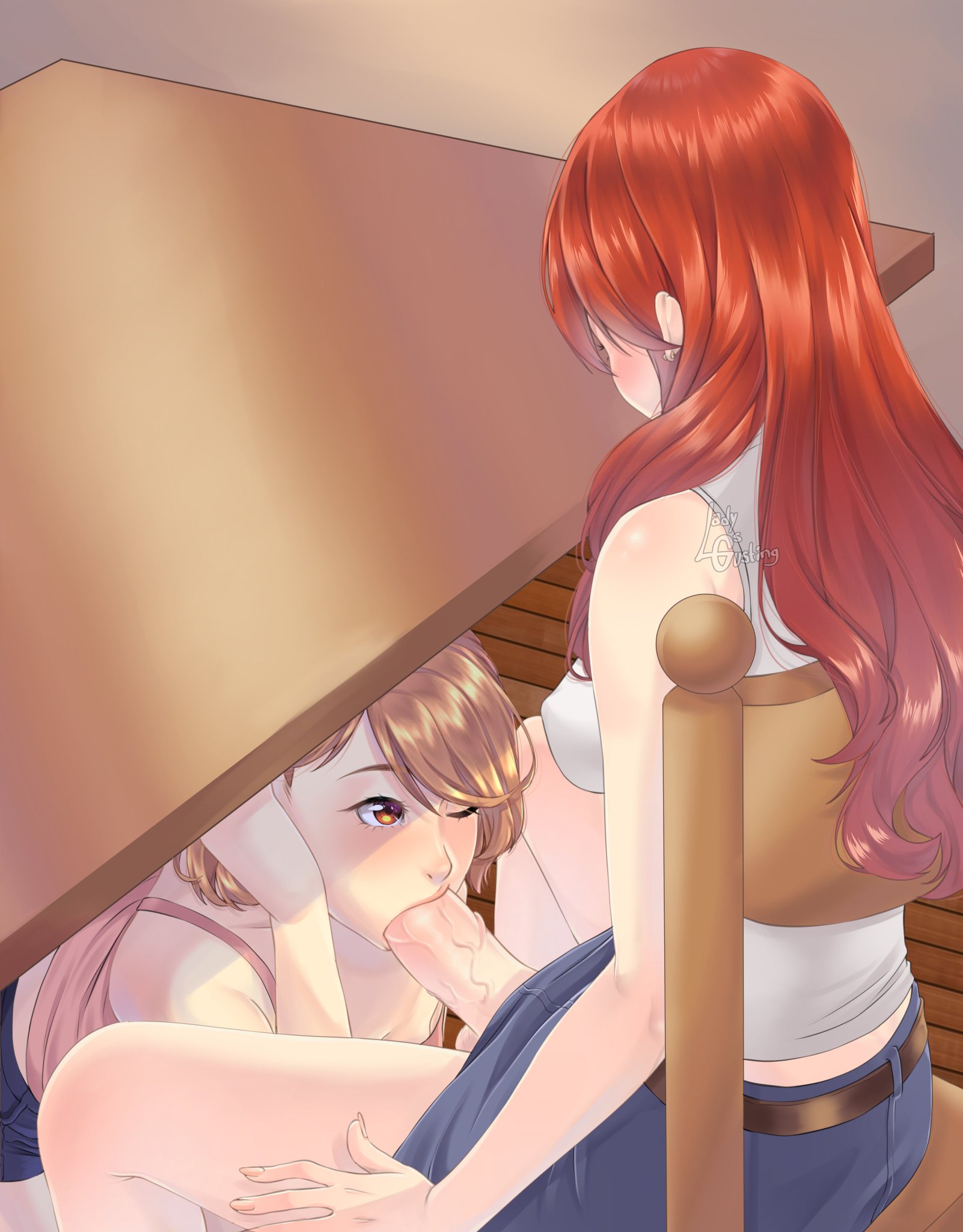 1futa, 1girls, armpits, blowjob, blush, clothed, clothing, erection, fellatio, female, futa with female, futanari, intersex, ladysgusting, large penis, mitsuru kirijo, mostly clothed, one eye closed, oral, penis, persona, persona 3, red hair, sitting, skirt, sleeveless shirt, stealth oral, stealth sex, table, under the table, yukari takeba