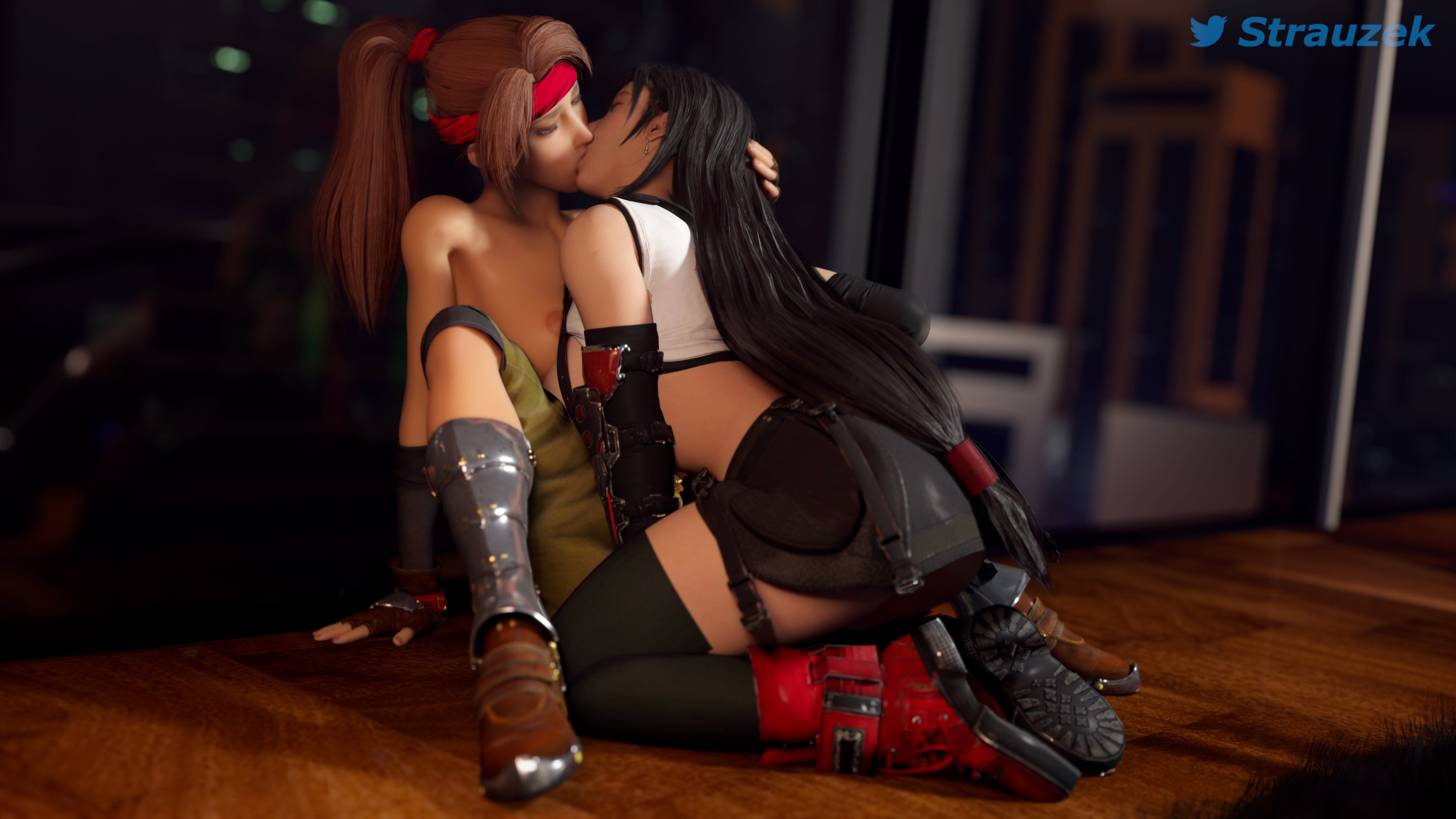 2girls, 3d, areolae, athletic, athletic female, bare midriff, big breasts, black hair, boots, breasts, brown hair, busty, closed eyes, female, female focus, female only, final fantasy, final fantasy vii, final fantasy vii remake, french kiss, french kissing, hourglass figure, jessie rasberry, kissing, kneeling, long hair, medium breasts, nipples, ponytail, sitting, skirt, strauzek, tied hair, tifa lockhart, wide hips, yuri