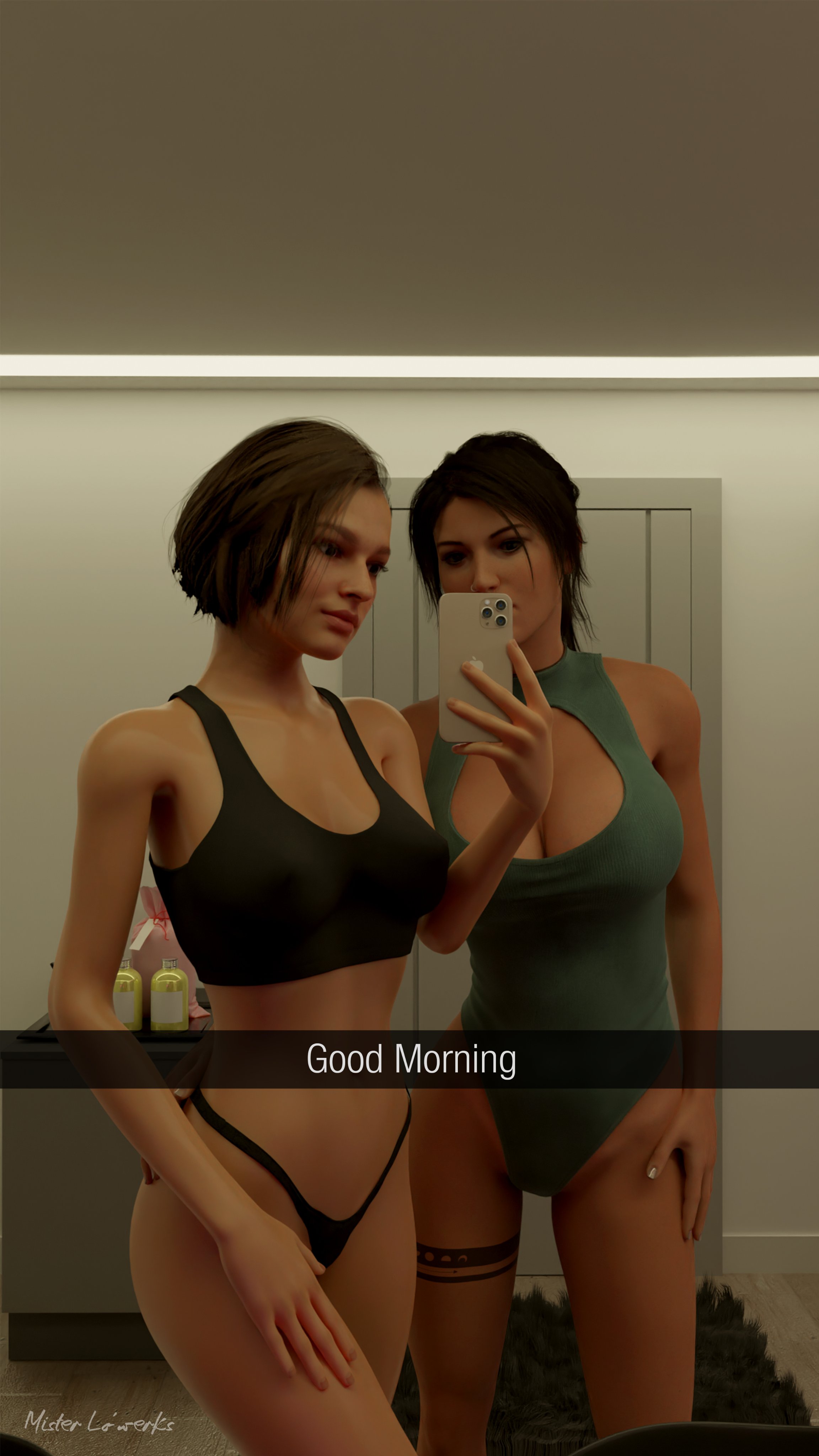 2girls, 3d, artist name, big breasts, black thong, black topwear, black underwear, blender, breasts, brown hair, busty, capcom, cellphone, cellphone camera, cleavage, cleavage cutout, clothing, crop top, crossover, curvy, english text, erect nipples, erect nipples under clothes, eyelashes, female, female only, fully clothed, green leotard, highres, holding cellphone, holding phone, huge breasts, indoors, iphone, jill valentine, jill valentine (sasha zotova), lara croft, lara croft (survivor), large breasts, leotard, lips, misterlowerks, nails, nipples, nose piercing, panties, phone, piercing, ponytail, resident evil, resident evil 3, resident evil 3 remake, selfie, sexually suggestive, short hair, snapchat, standing, taking picture, text, thick thighs, thong, tomb raider, tomb raider (survivor), underwear, voluptuous, wide hips, yuri