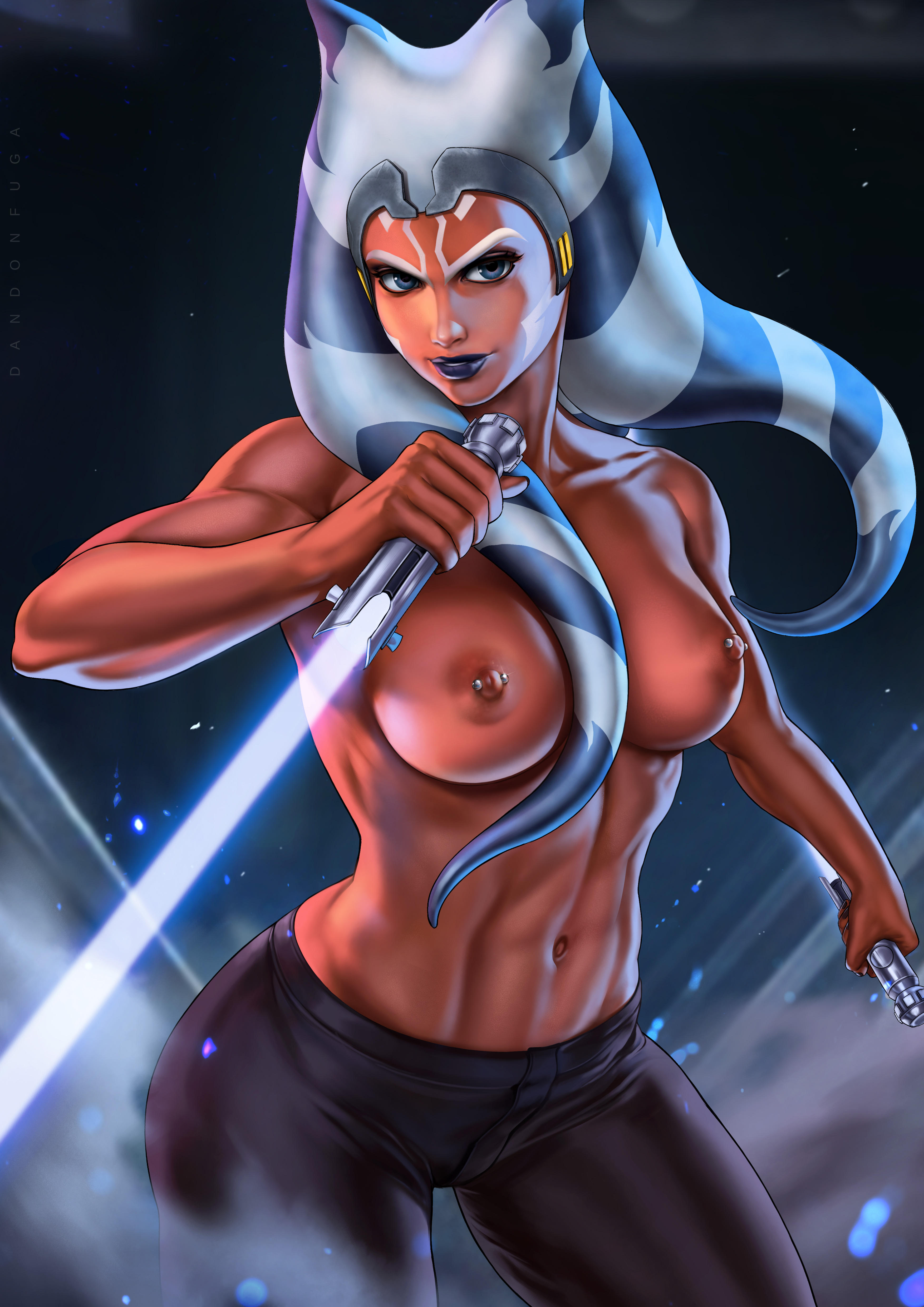 1girls, absurd res, ahsoka tano, alien girl, blue lightsaber, breasts, casual, clone wars, clothing, dandon fuga, dark skin, disney, female, female only, half naked, highres, jedi, large breasts, lightsaber, muscles, muscular, muscular female, navel, nipple piercing, nipples, paid reward, pants, partially clothed, patreon reward, piercing, piercings, shirtless, solo, solo focus, star wars, the clone wars: season seven, togruta, topless, weapon