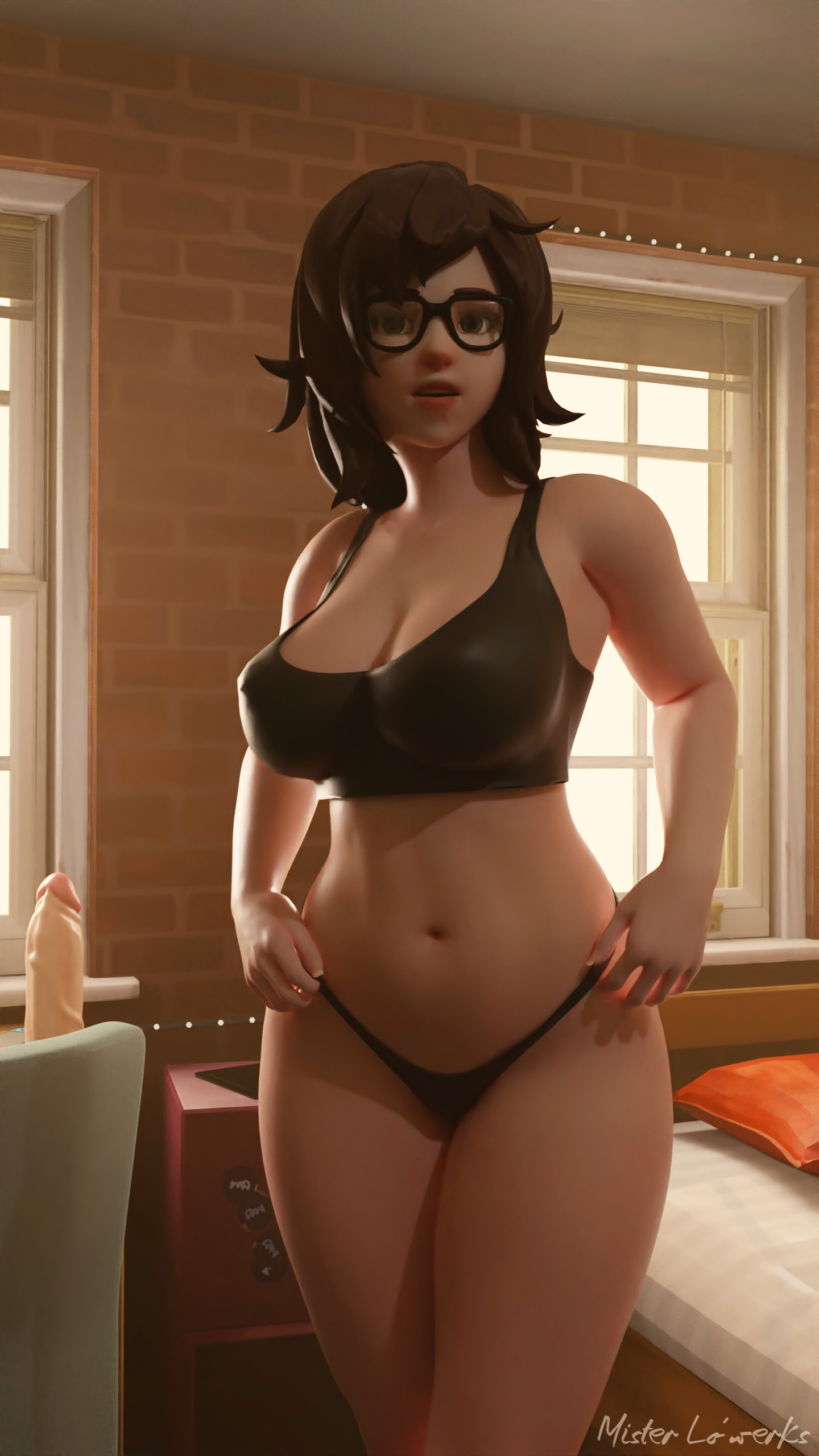 1girls, 3d, artist name, asian, asian female, bed, bedroom, big breasts, black thong, black topwear, black underwear, blender, blizzard entertainment, breasts, brown eyes, brown hair, busty, cleavage, clothing, crop top, curvy, dildo, female, female only, fingernails, french nails, fully clothed, glasses, highres, huge breasts, indoors, large breasts, lips, long hair, looking at viewer, mei (overwatch), mei ling zhou, messy hair, misterlowerks, navel, open mouth, overwatch, sci-fi, science fiction, scifi, sex toy, sexually suggestive, solo, solo female, standing, teeth, thick thighs, thong, underwear, voluptuous, wide hips, window
