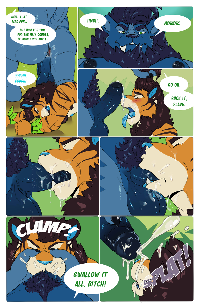 anal anthro anthro_on_anthro anthro_penetrated anthro_penetrating anthro_penetrating_anthro avarice_panthera_leo balls blue_body blue_ears blue_fur blue_nose blue_penis blue_tongue bodily_fluids brown_hair captain_nikko chieftain comic coughing deep_throat dialogue dragon duo english_text facesitting fan_character fangs felid fellatio forced forced_oral fur genitals green_eyes hair hair_grab hi_res humanoid_genitalia humanoid_penis hybrid larger_male lion machairodontine male male/male male_penetrated male_penetrating male_penetrating_male mammal mane mimic_dragon nipples oral orange_body orange_fur outside pantherine pecs penetration penile penis profanity pubes pulling_hair rimming sabertooth_(anatomy) sex size_difference size_play slave smaller_male speech_bubble striped_body striped_fur stripes sweat text tiger tigon tongue tongue_out touching_hair tribal tungro