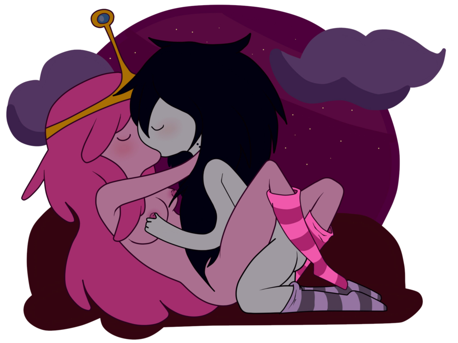 2girls, adventure time, black hair, blush, breasts, closed eyes, crown, female, holding breast, kiss, kissing, marceline, multiple females, multiple girls, night, pink breasts, pink hair, pink nipples, pink socks, png, princess bubblegum, purple sky, purple socks, stars, touching breast, vampire, vampire queen, white breasts, yuri