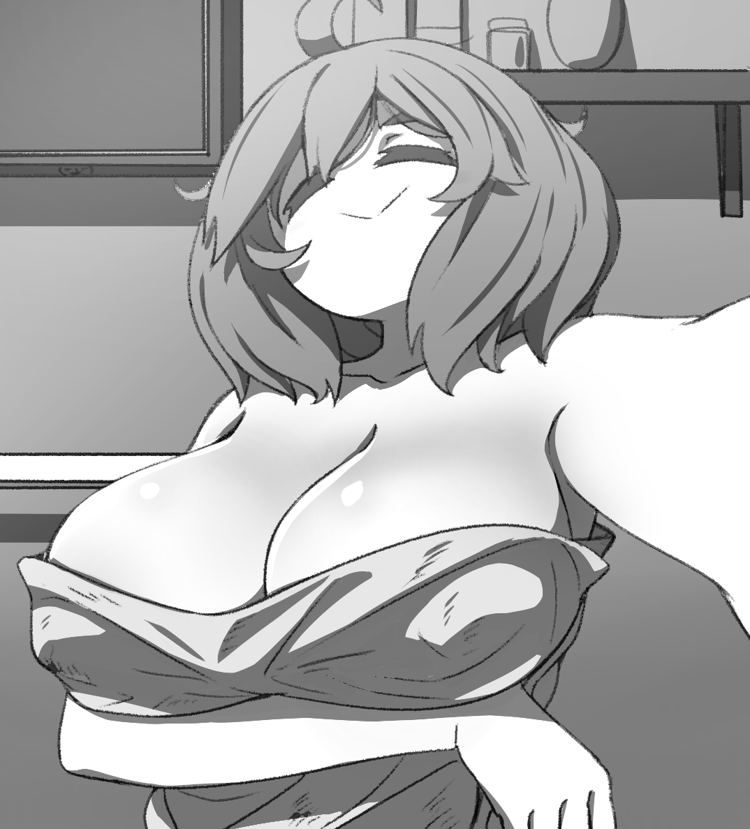 1girls, black and white, breasts, cleavage, closed eyes, female, female only, huge breasts, insomnia-chan (kaynimatic), kaynimatic, nipple bulge, smiling, solo, solo female, towel