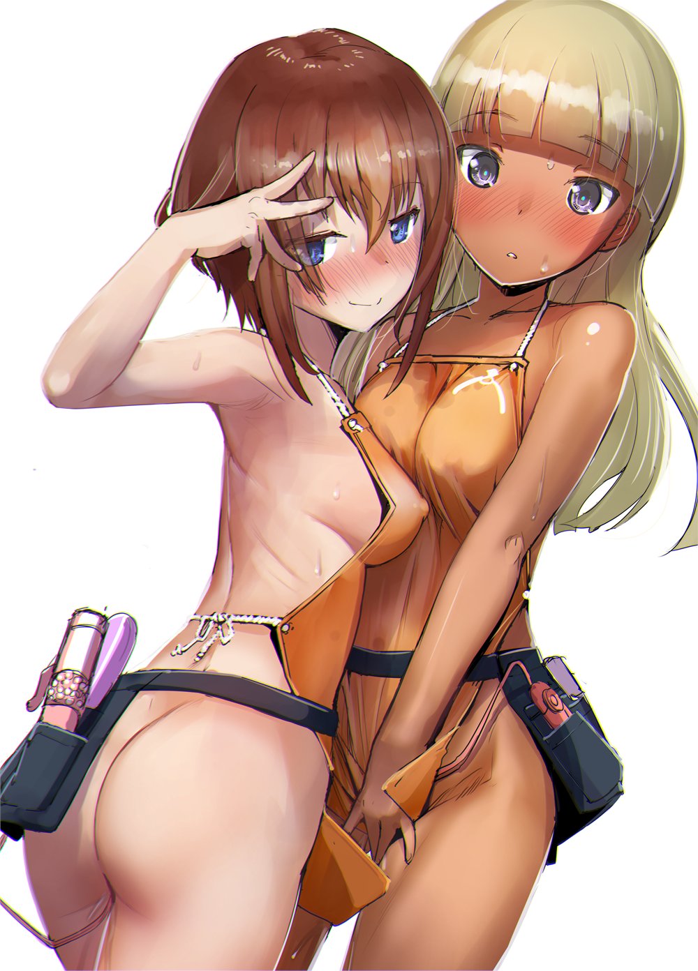 2girls alice_gear_aegis apron araime_yasuri blonde_hair blue_eyes brown_hair closed_mouth cowboy_shot dark_skin eyebrows_visible_through_hair highres kanagata_sugumi multiple_girls naked_apron nude open_mouth sasayuki smile v vibrator