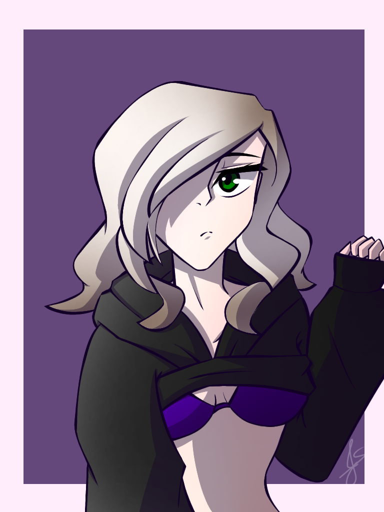 artist_signature big_breasts black_shirt green_eyes joseiishere purple_bra pyrocynical