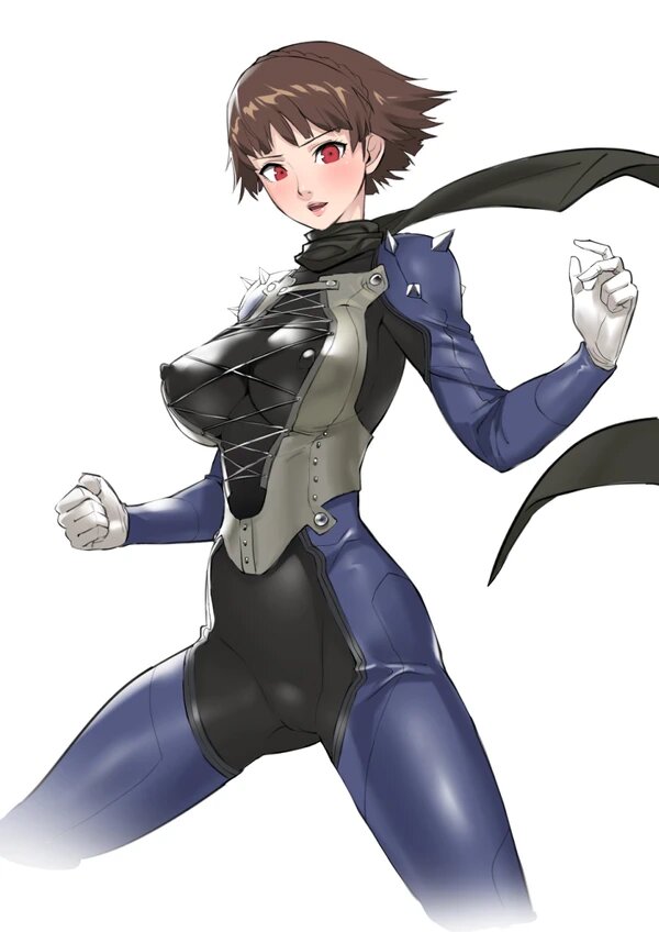 1girls, akizora, atlus, bodysuit, brown hair, clothed, clothed female, clothes, clothing, erect nipples, female, female only, fully clothed, makoto niijima, makoto niijima (queen), nipples, persona, persona 5, phantom thief suit, red eyes, short hair, solo, suit, tagme, tight clothing, uncensored, white background