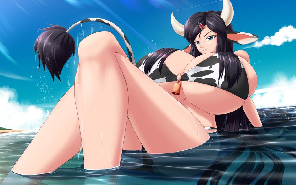 beach big_breasts blue_eyes clouds cow_ears cow_girl cow_horns cow_tail dark_hair gigantic_breasts hairpin huge_breasts kojiro-brushard lessien_(jtd) long_hair ocean sky swimsuit thighs water wet