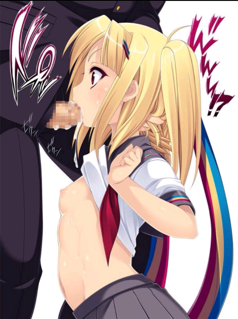 blonde hair, blowjob, breasts, brown eyes, censored, fellatio, female, school uniform, schoolgirl, teacher, teacher and student