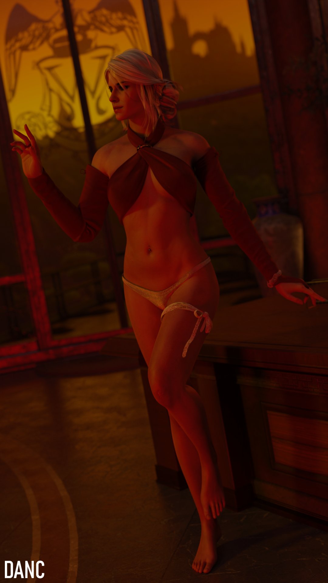 1girls, 3d, 3d (artwork), abs, bare legs, bare midriff, bare shoulders, bare thighs, barefoot, breasts, cd projekt red, ciri, danc94, feet, female, female focus, female only, freckles, hi res, highres, medium hair, navel piercing, panties, piercing, scar, scar across eye, silver hair, sleeves, small breasts, solo, solo female, solo focus, the witcher (series), the witcher 3: wild hunt, tied hair, toned, toned female, toned stomach, underboob, white hair, white panties